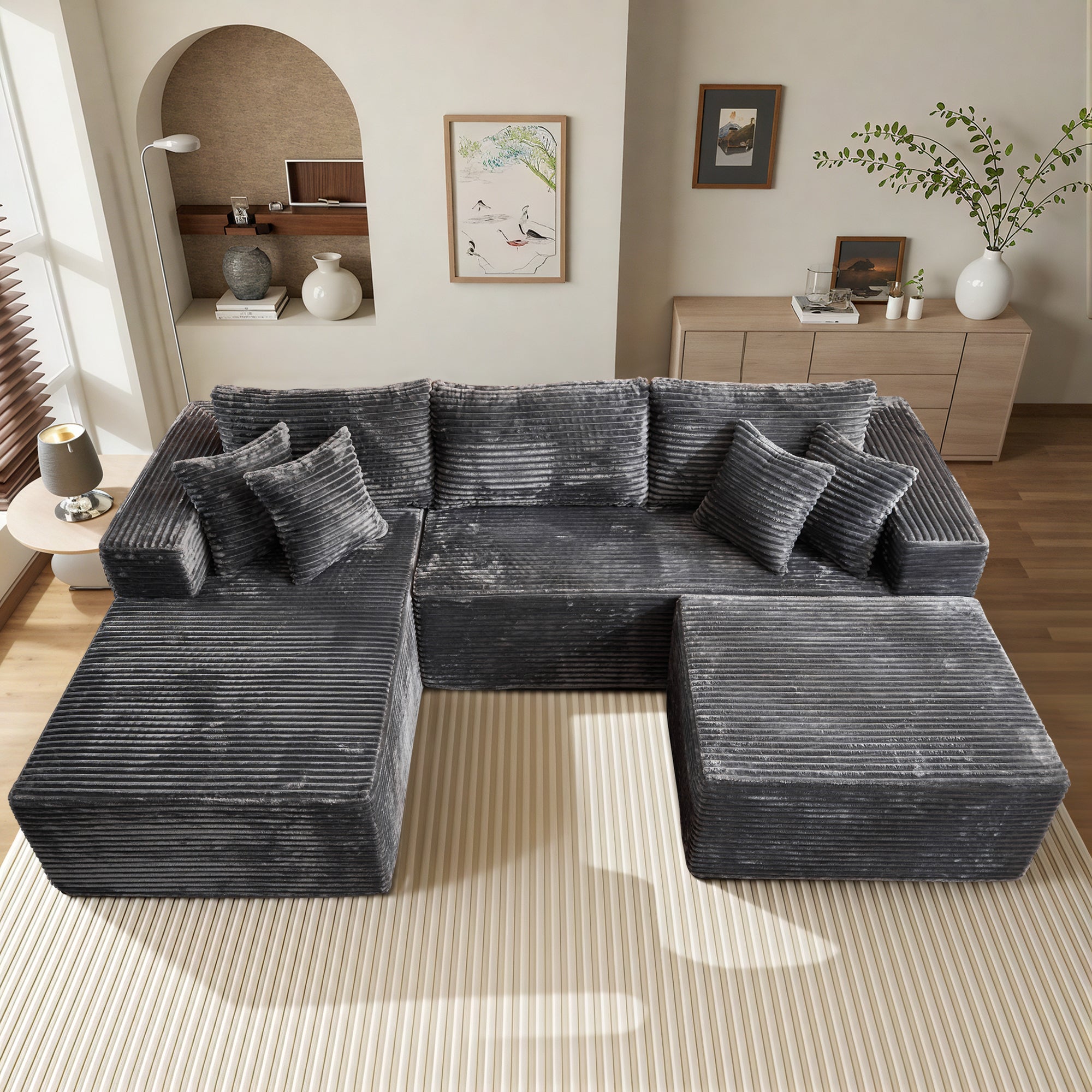 OVIOS 108" U-Shape Modular Couch with Ottoman, Plush Corduroy Fabric, No Assembly Required