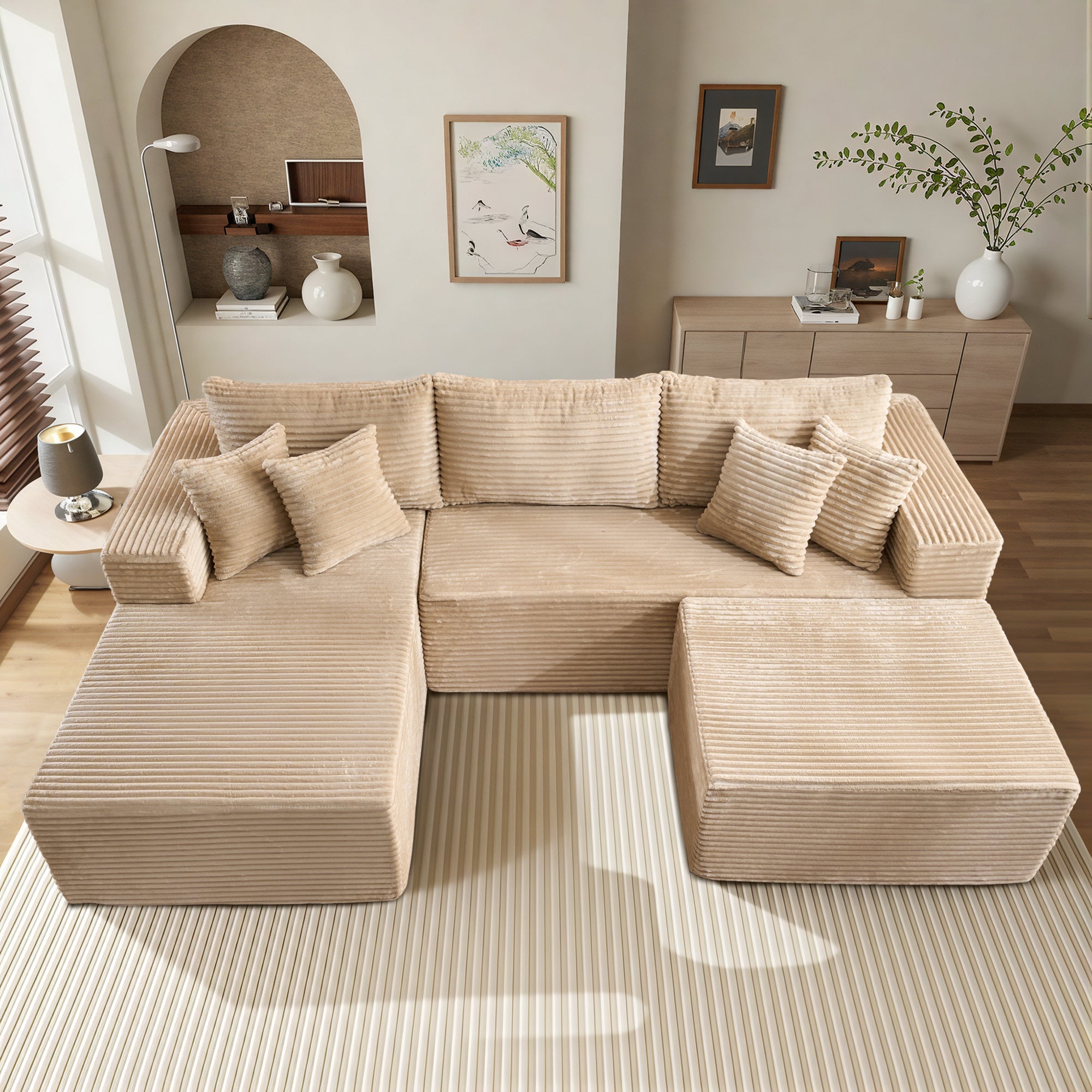OVIOS 108" U-Shape Modular Couch with Ottoman, Plush Corduroy Fabric, No Assembly Required