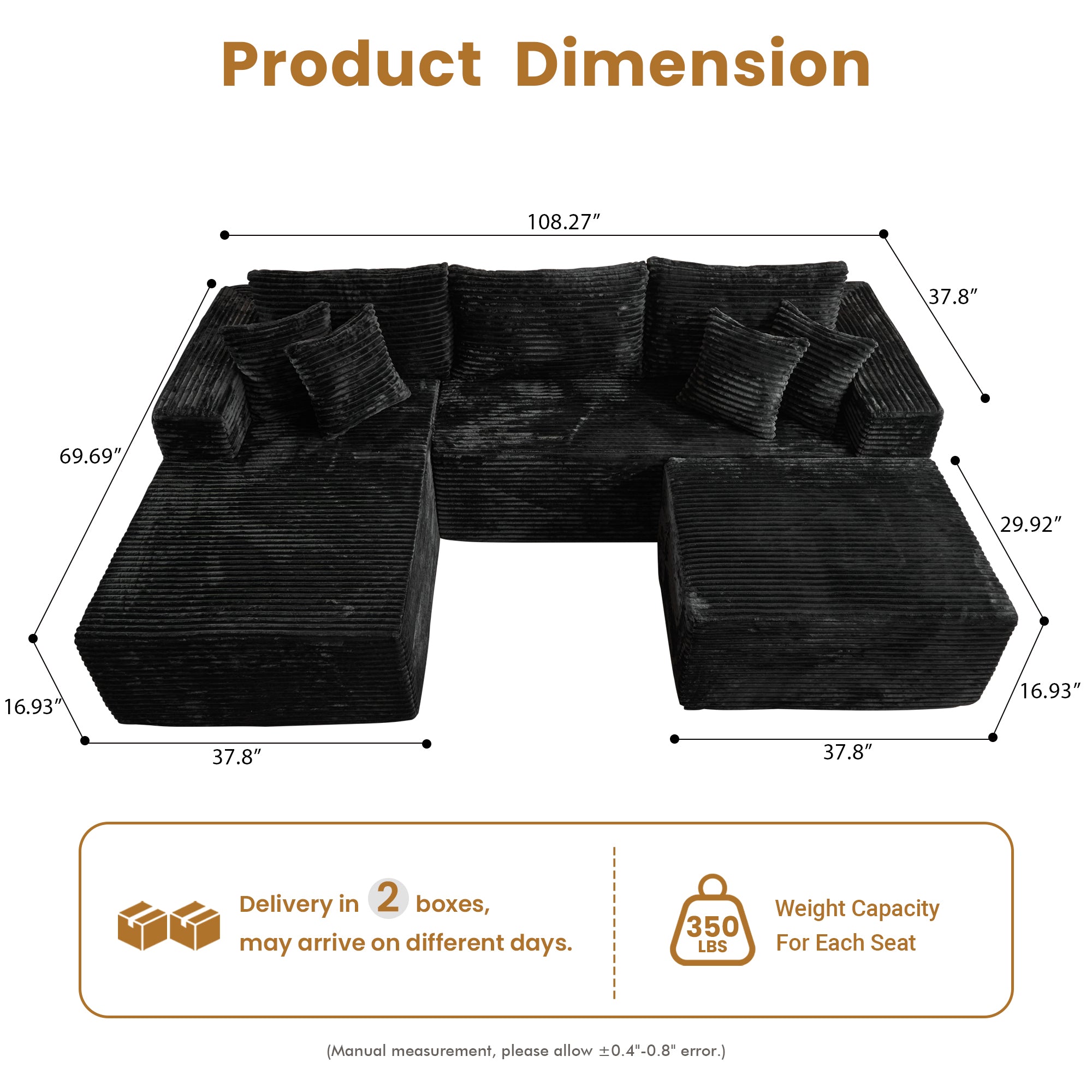 OVIOS 108" U-Shape Modular Couch with Ottoman, Plush Corduroy Fabric, No Assembly Required