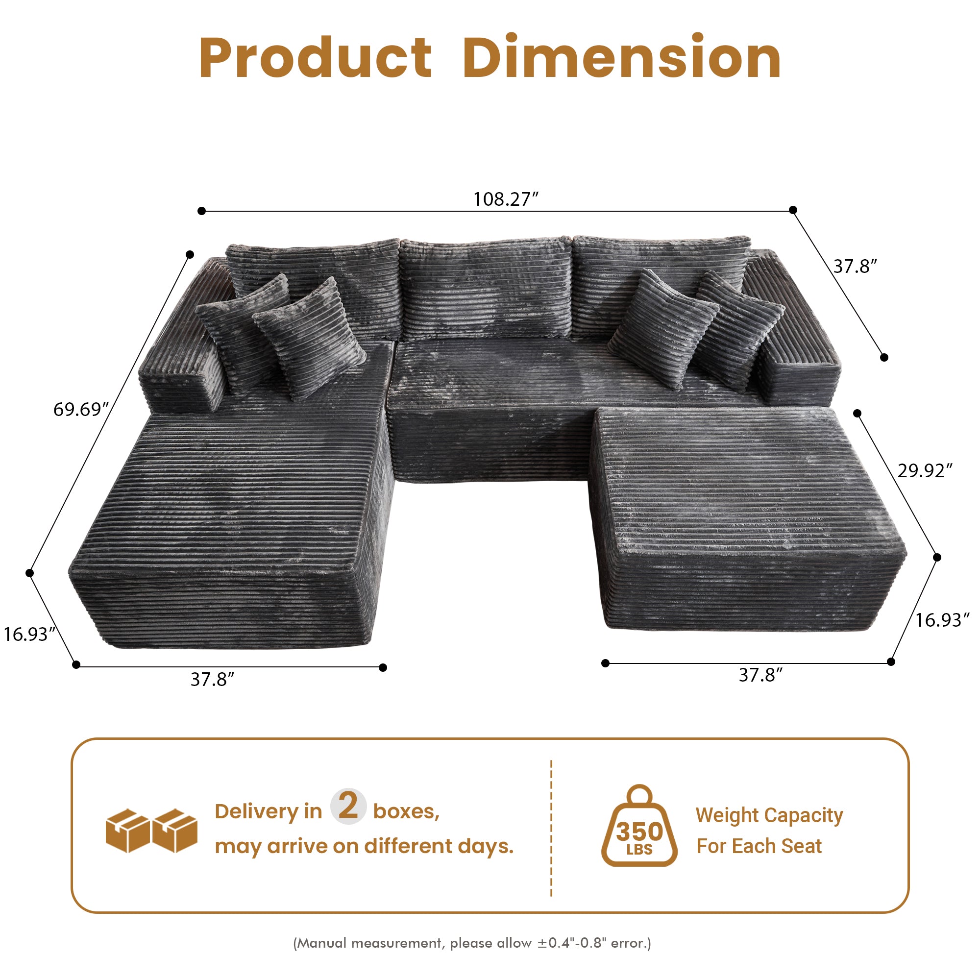 OVIOS 108" U-Shape Modular Couch with Ottoman, Plush Corduroy Fabric, No Assembly Required
