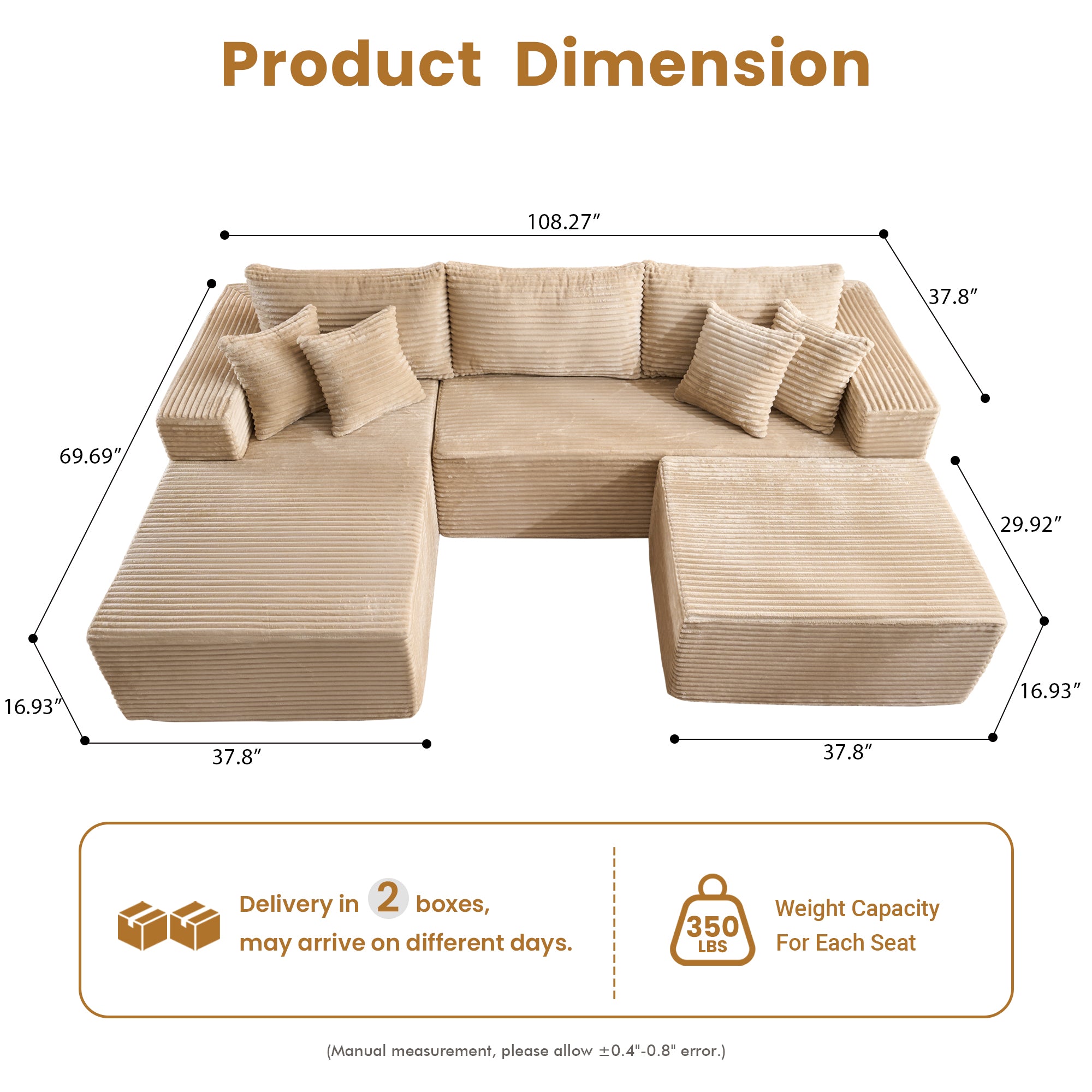 OVIOS 108" U-Shape Modular Couch with Ottoman, Plush Corduroy Fabric, No Assembly Required
