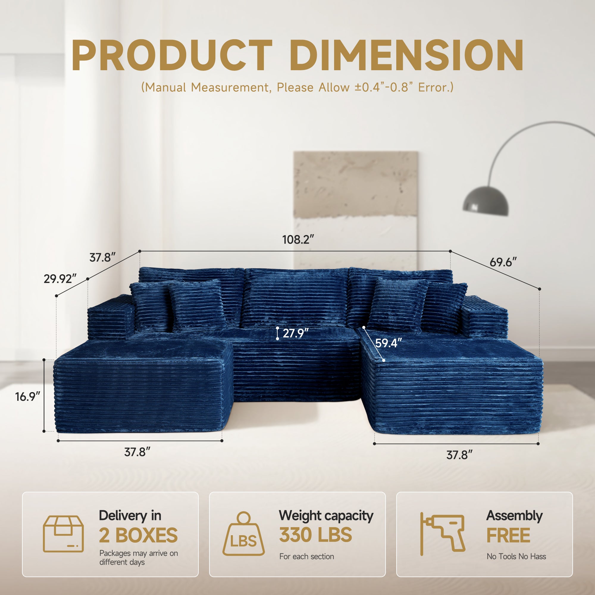 OVIOS 108" U-Shape Modular Couch with Ottoman, Plush Corduroy Fabric, No Assembly Required