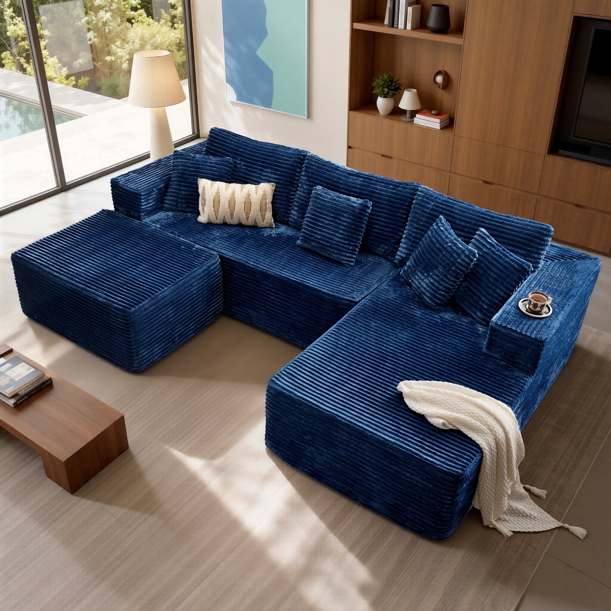 OVIOS 108" U-Shape Modular Couch with Ottoman, Plush Corduroy Fabric, No Assembly Required