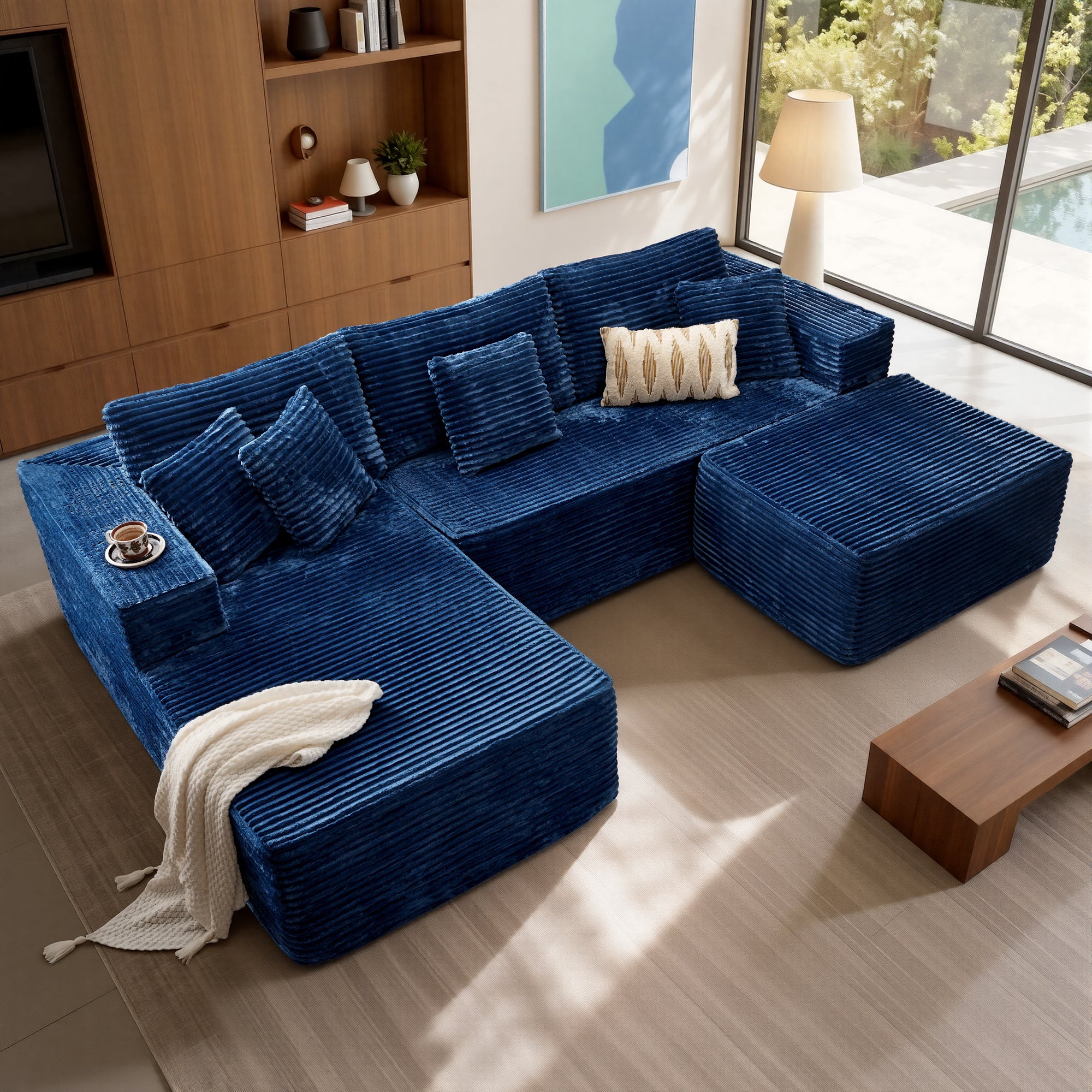 OVIOS 108" U-Shape Modular Couch with Ottoman, Plush Corduroy Fabric, No Assembly Required
