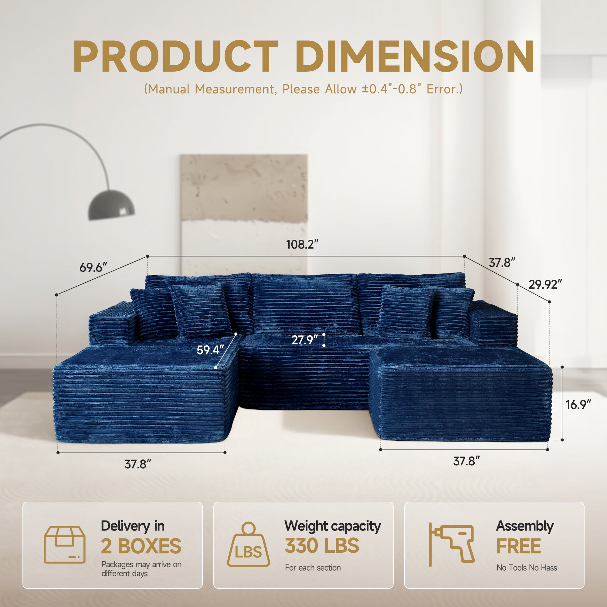 OVIOS 108" U-Shape Modular Couch with Ottoman, Plush Corduroy Fabric, No Assembly Required