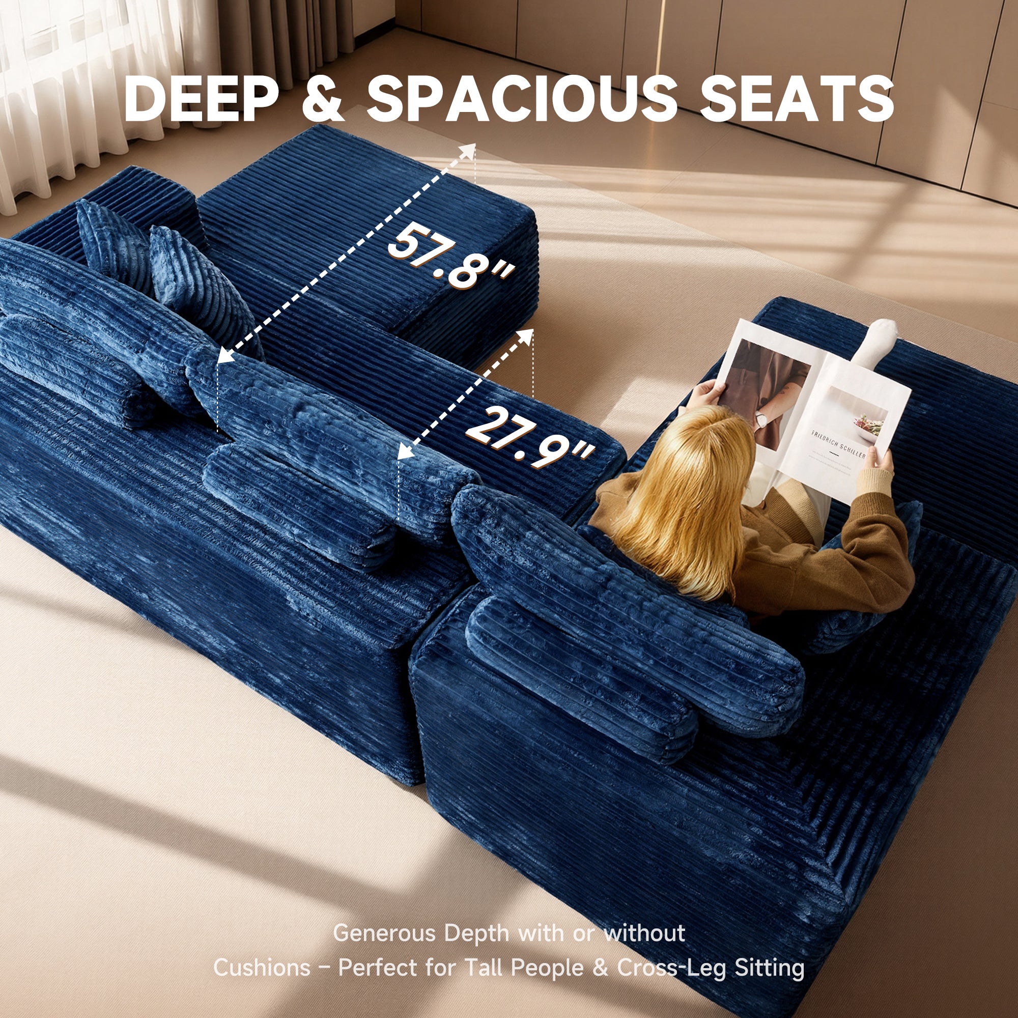 Deep blue corduroy U-shaped modular couch with plush cushions, showing dimensions 57.8" and 27.9" for deep seats.