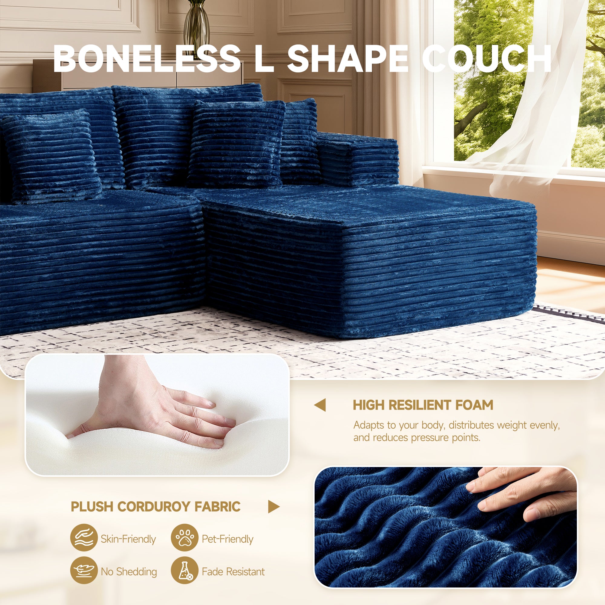 OVIOS navy blue corduroy L-shape modular couch with ottoman. Features plush fabric, skin-friendly, pet-friendly, no shedding, fade-resistant. Shows foam and fabric detail.