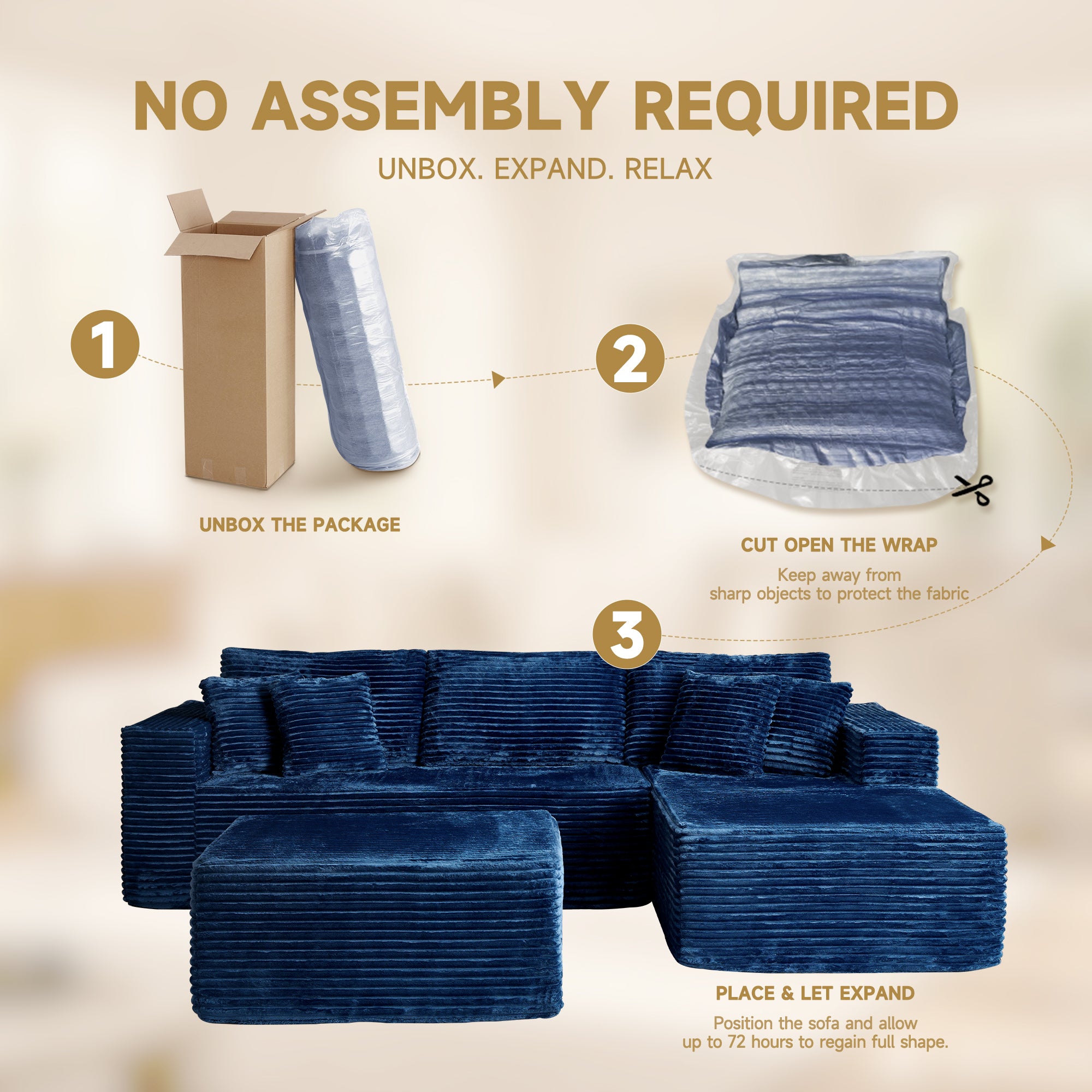 OVIOS 108" U-Shape Modular Couch with Ottoman, Plush Corduroy Fabric, No Assembly Required