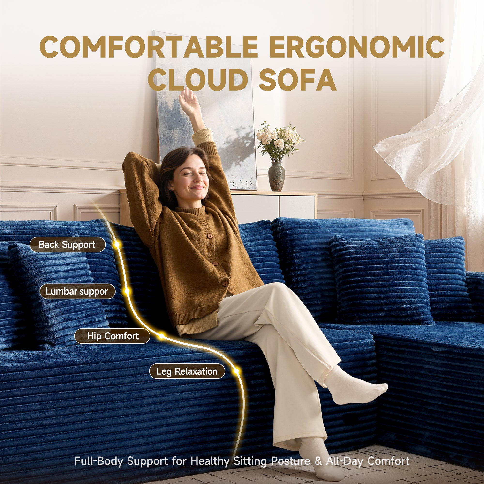 OVIOS blue corduroy U-shape sofa with ergonomic support callouts: Back, Lumbar, Hip, Leg Comfort.