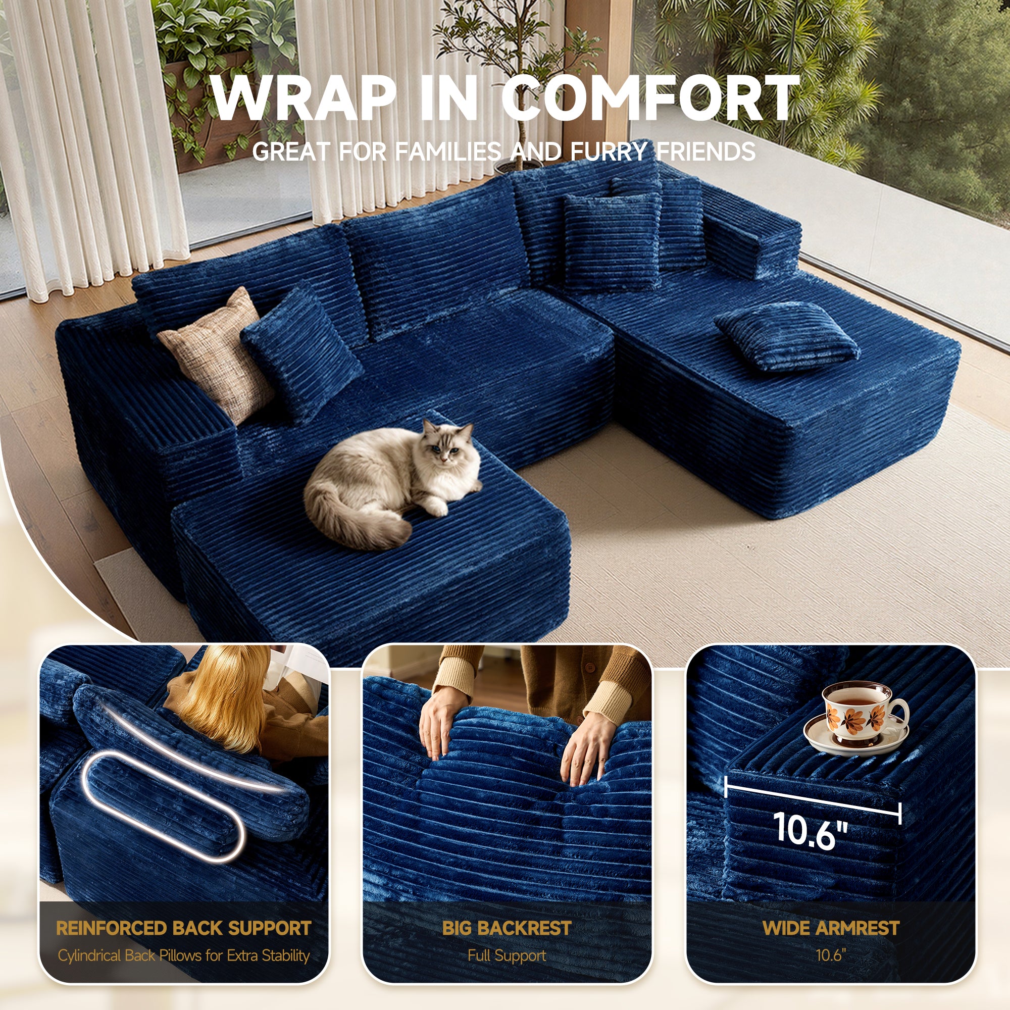 Blue corduroy U-shape modular couch, cat on chaise. Features reinforced back support, big backrest, and 10.6" wide armrest.