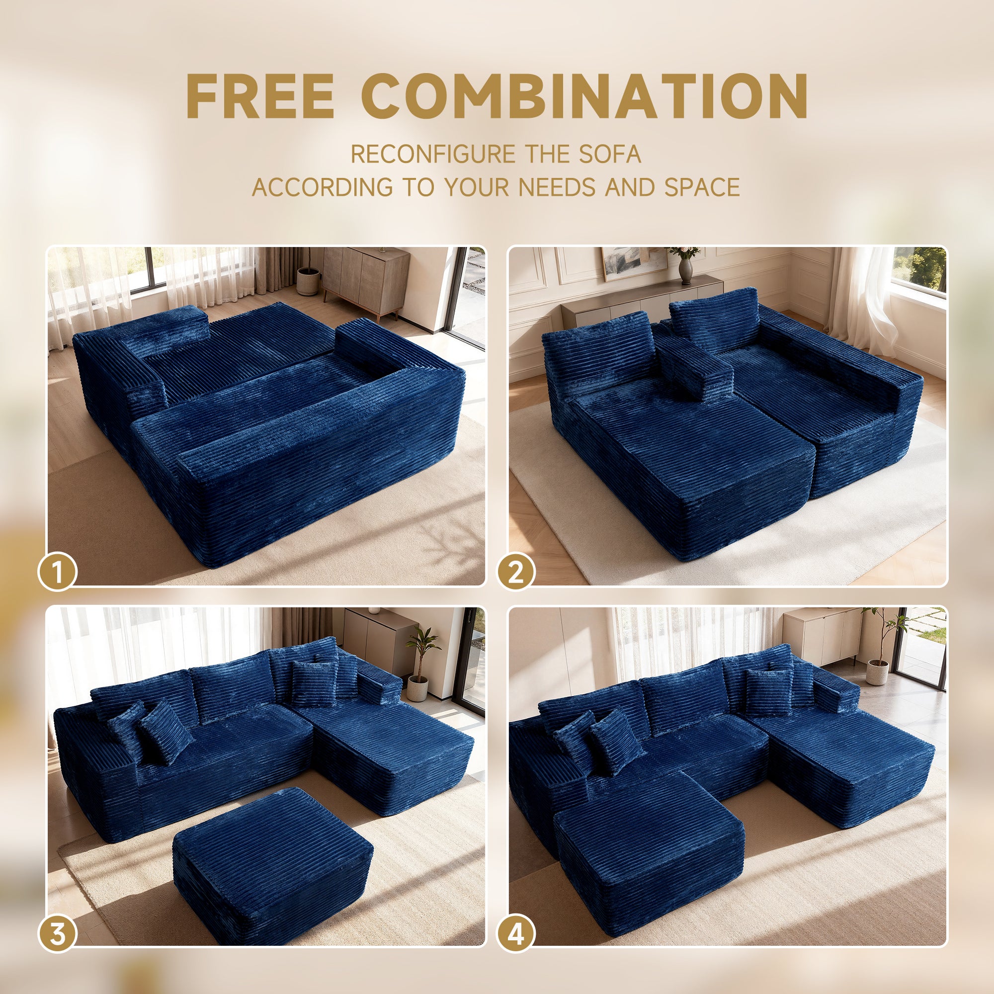 OVIOS 108" U-shape modular couch in plush corduroy fabric, shown in four different configurations for free combination.