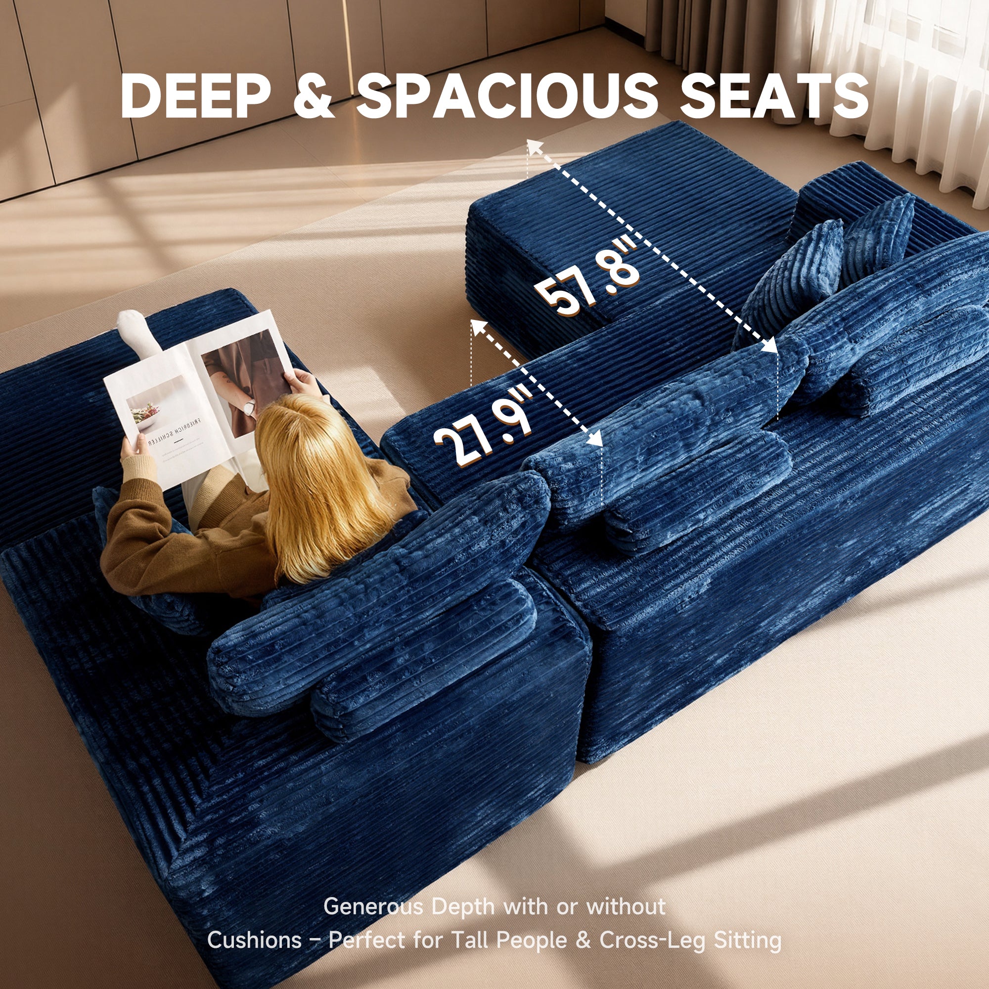 OVIOS navy blue corduroy U-shape modular couch with deep seats, 27.9" and 57.8" dimensions. Text: DEEP & SPACIOUS SEATS.