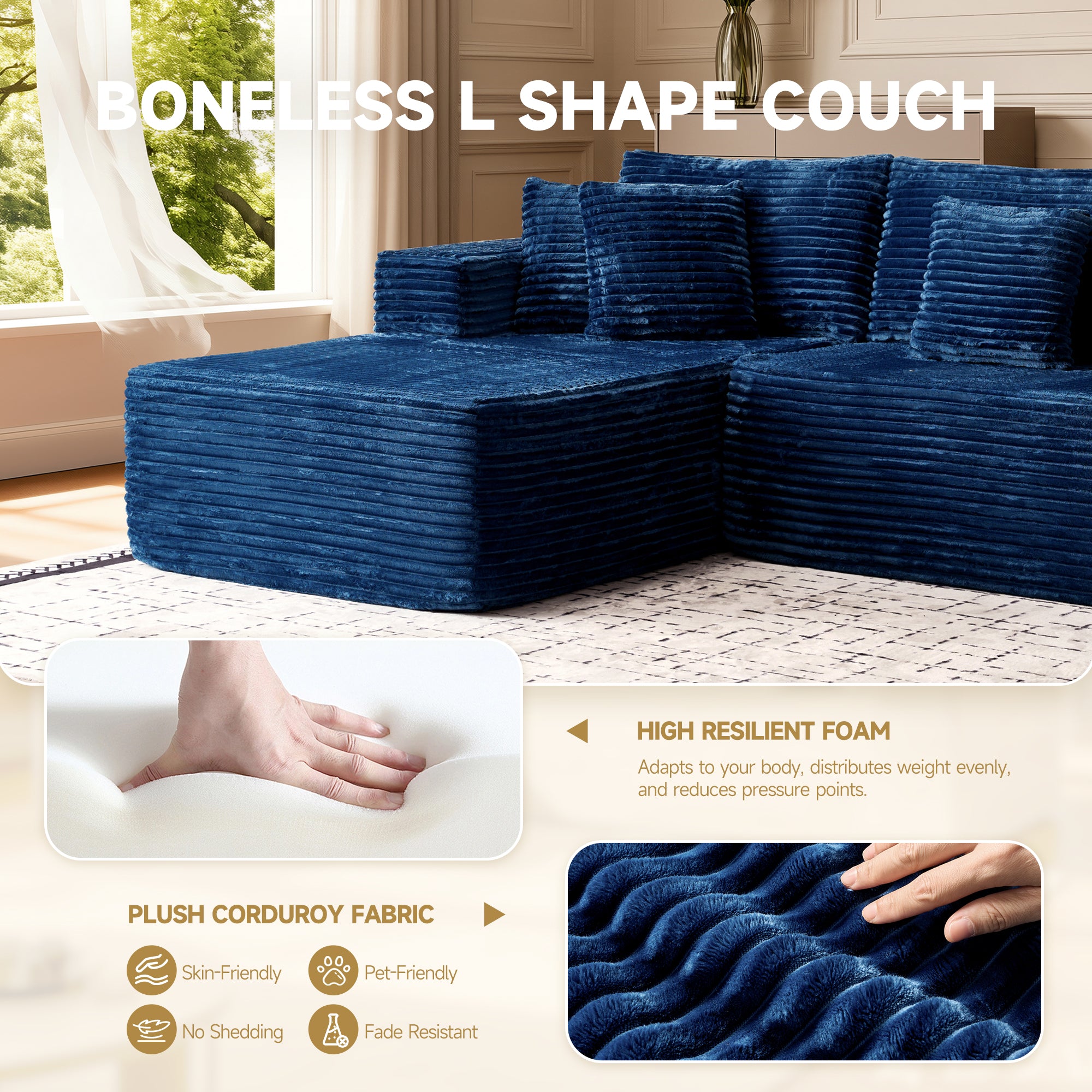 OVIOS deep blue plush corduroy L-shape modular couch with high resilient foam. Skin-friendly, pet-friendly, no shedding, fade resistant.