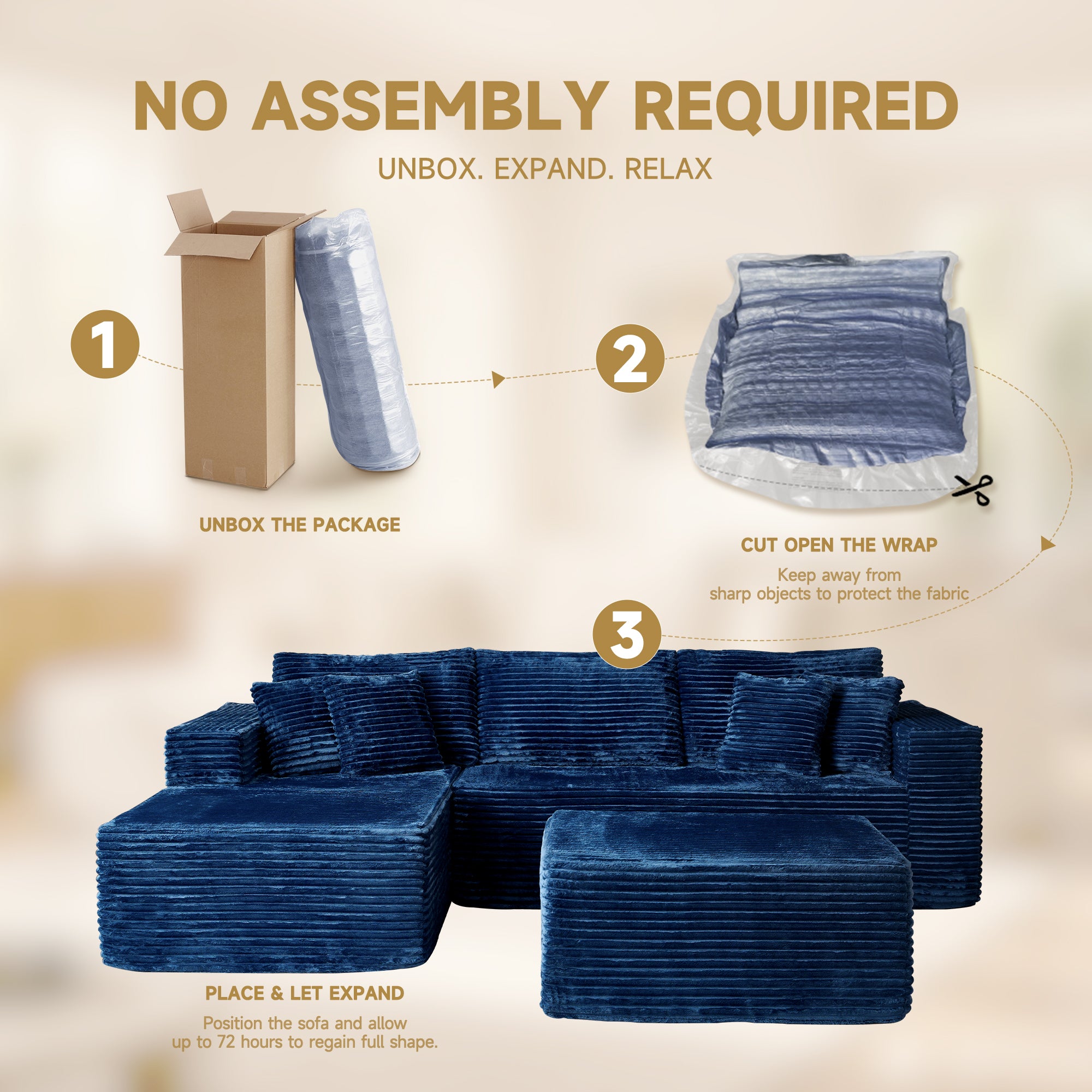 OVIOS 108" U-Shape Modular Couch with Ottoman, Plush Corduroy Fabric, No Assembly Required