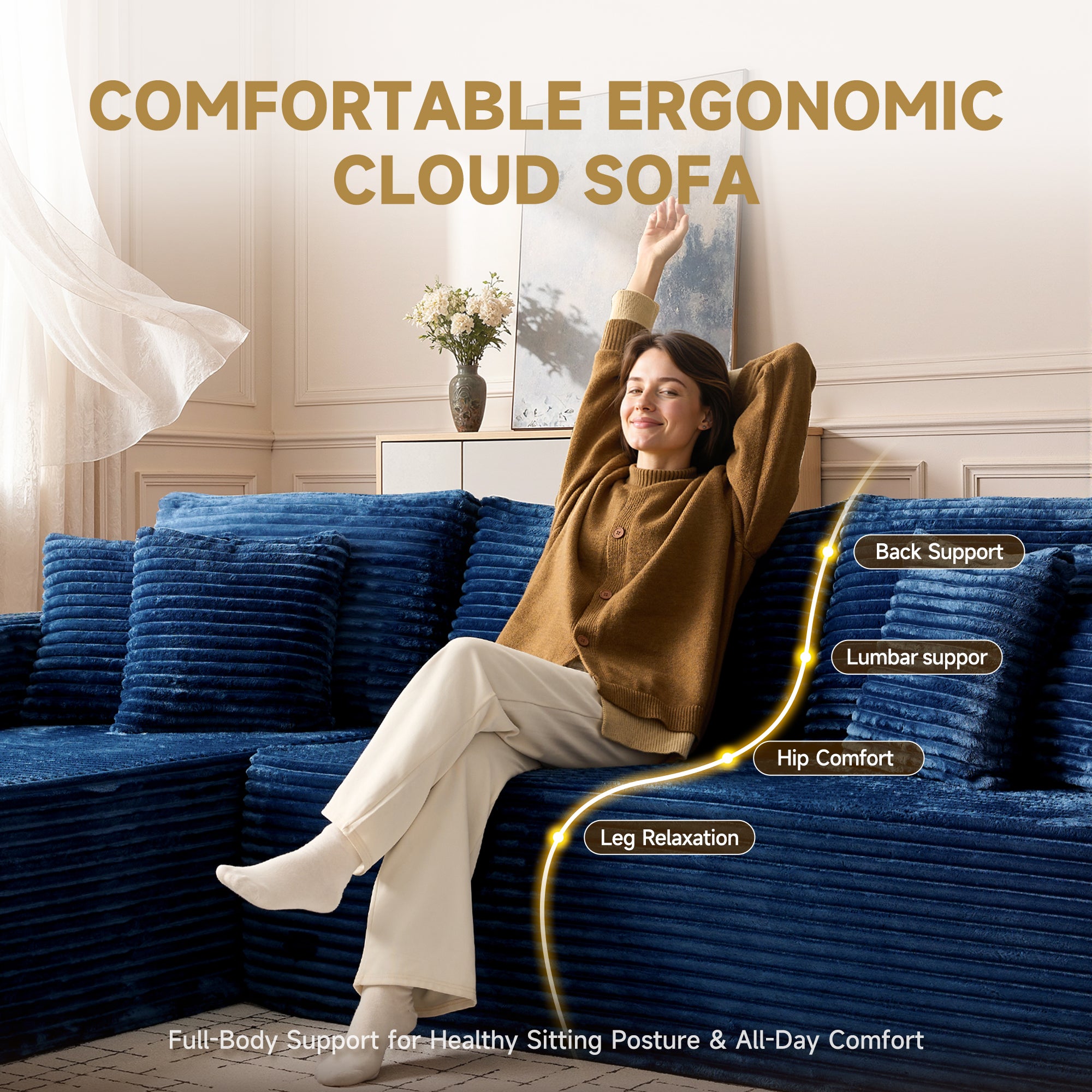 Woman on navy blue corduroy U-shape modular couch, showing ergonomic support: back, lumbar, hip, leg.