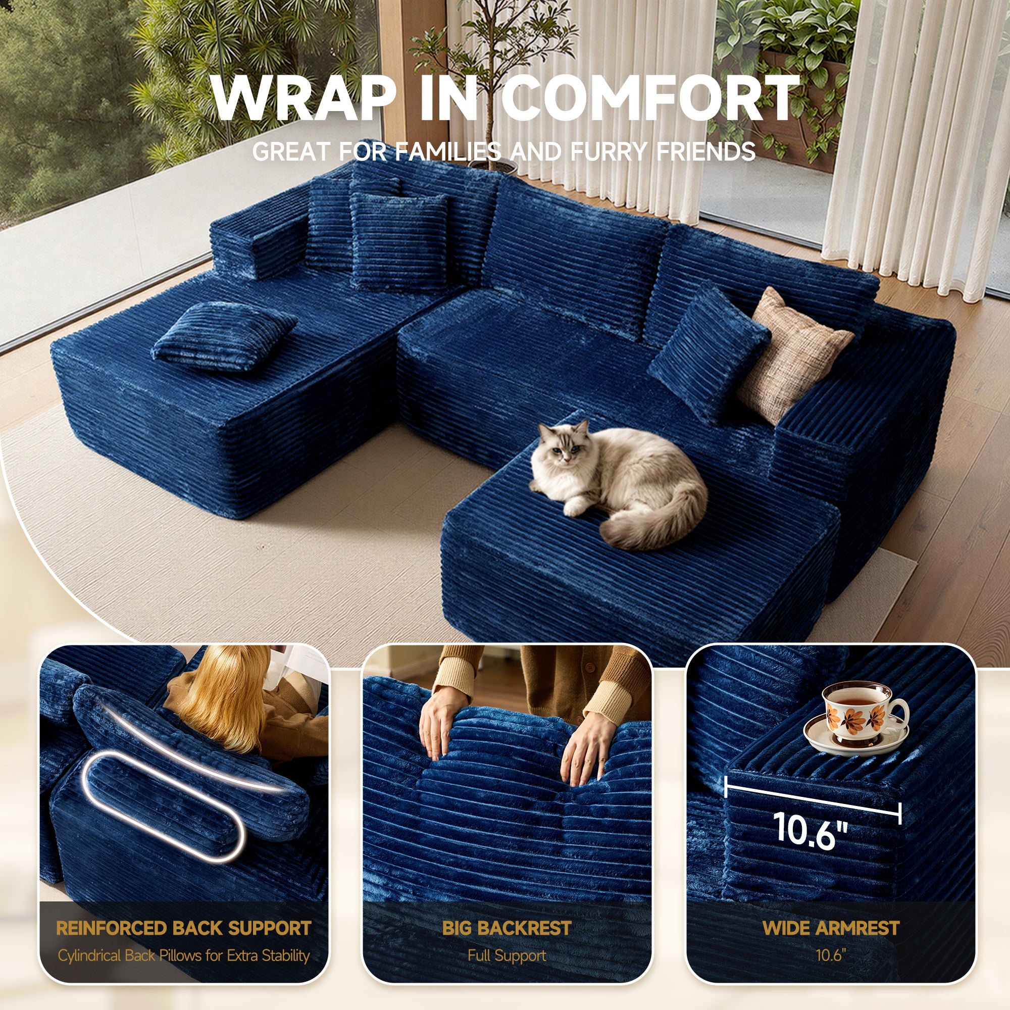 OVIOS blue corduroy U-shape modular couch with reinforced back support, big backrest, and 10.6" wide armrest.