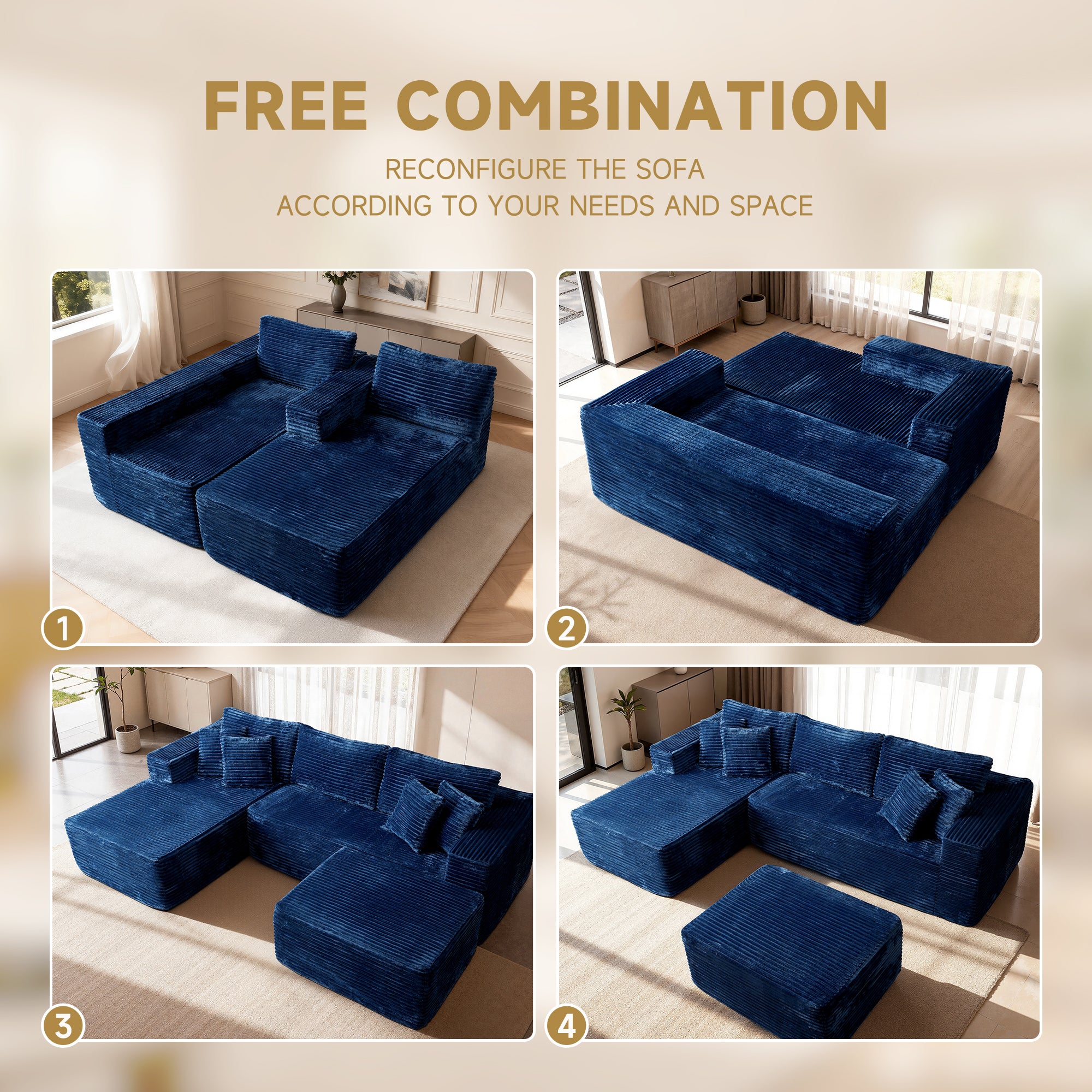 Blue corduroy modular U-shaped couch in 4 configurations. "FREE COMBINATION" text highlights adaptability.