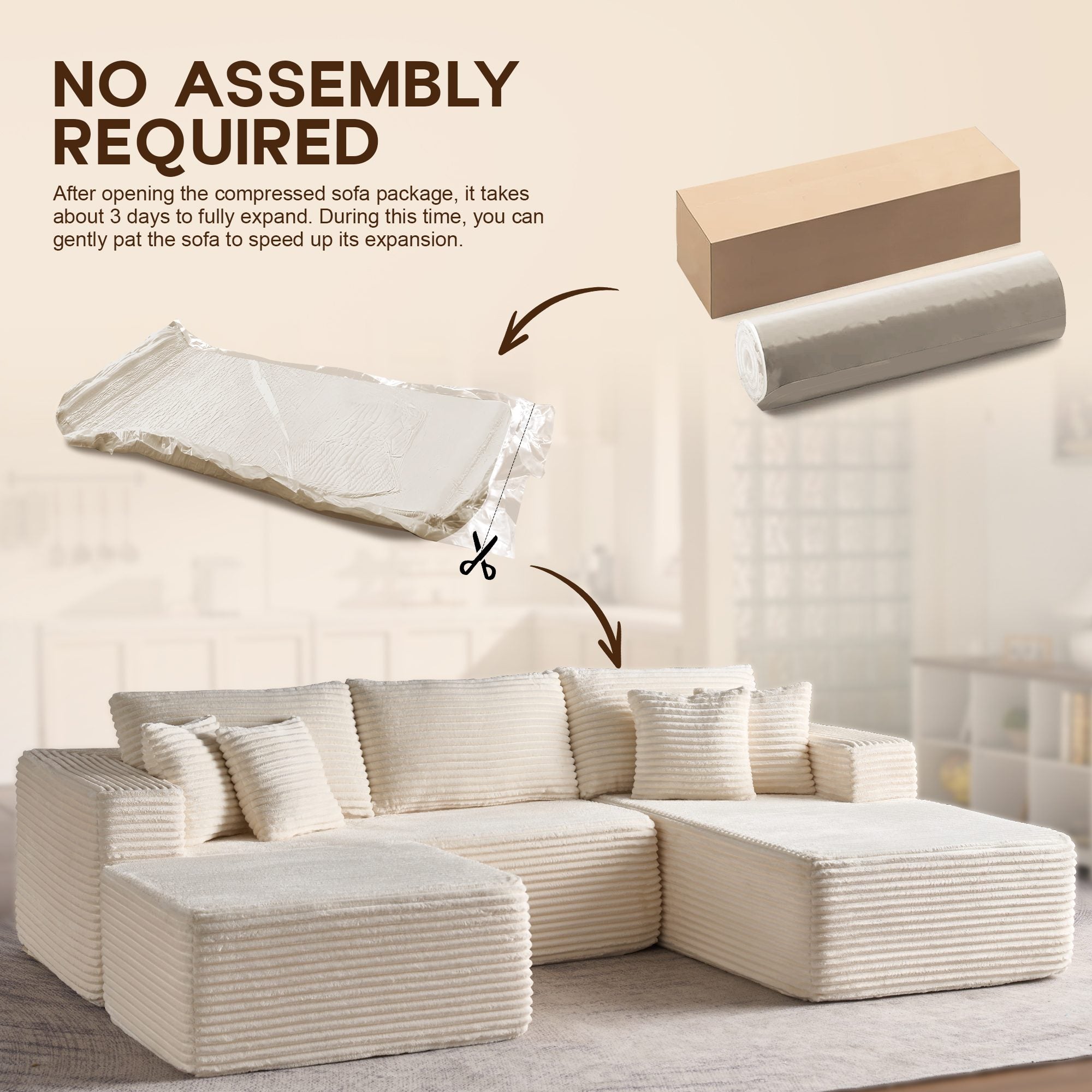 OVIOS 108" U-Shape Modular Couch with Ottoman, Plush Corduroy Fabric, No Assembly Required