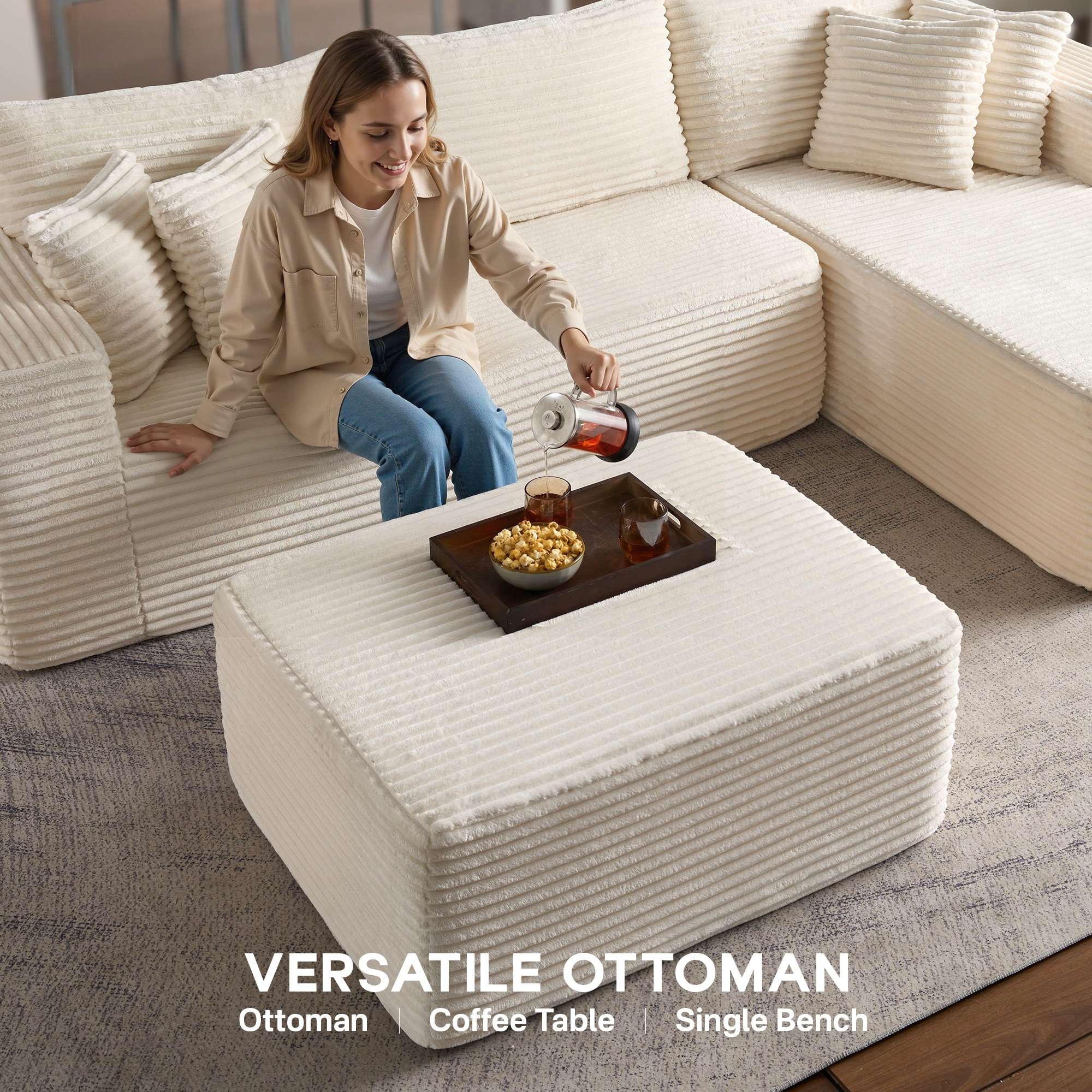 OVIOS 108" U-Shape Modular Couch with Ottoman, Plush Corduroy Fabric, No Assembly Required