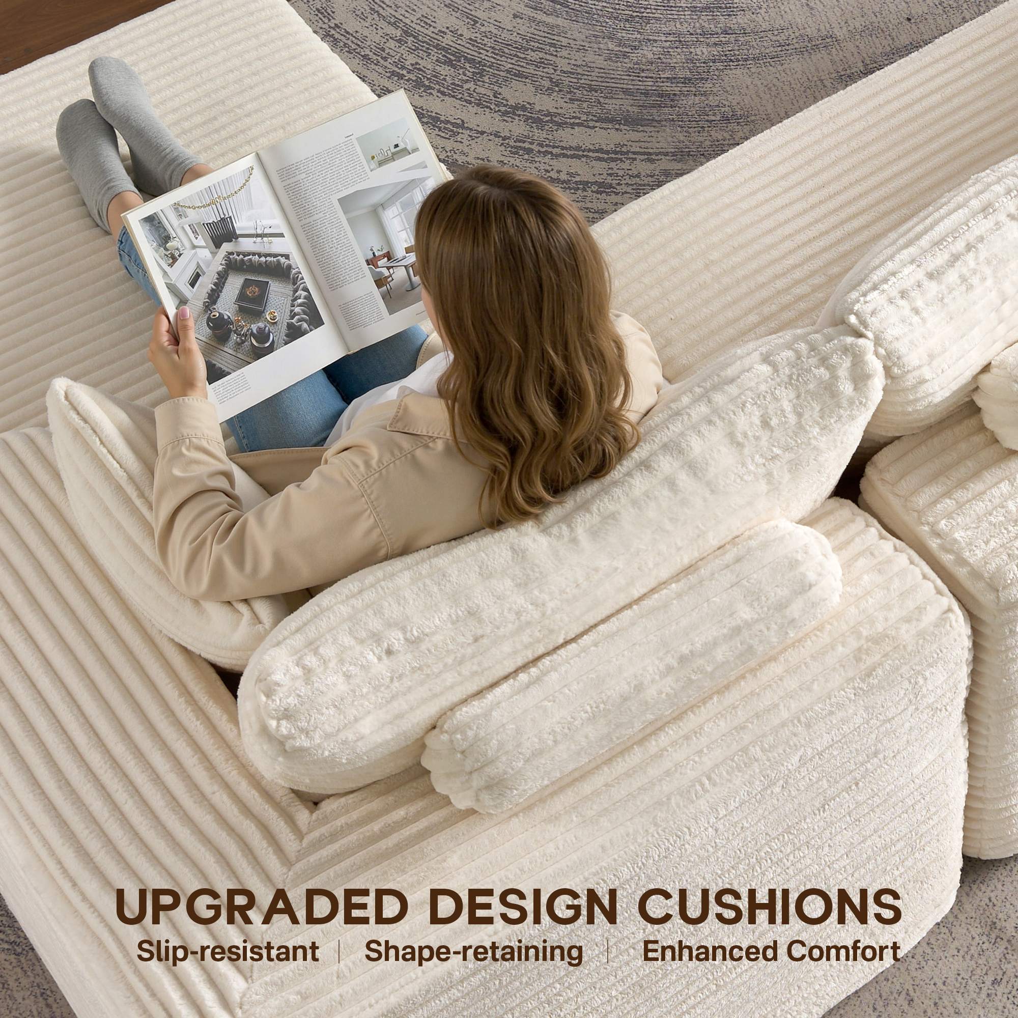 OVIOS 108" U-Shape Modular Couch with Ottoman, Plush Corduroy Fabric, No Assembly Required