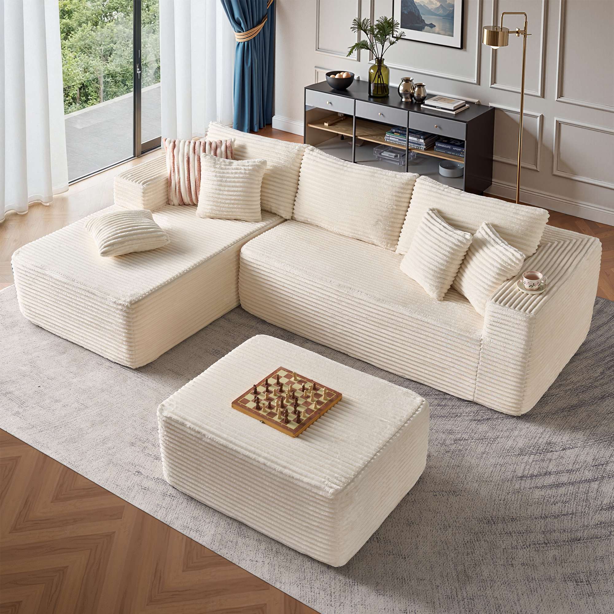 OVIOS 108" U-Shape Modular Couch with Ottoman, Plush Corduroy Fabric, No Assembly Required