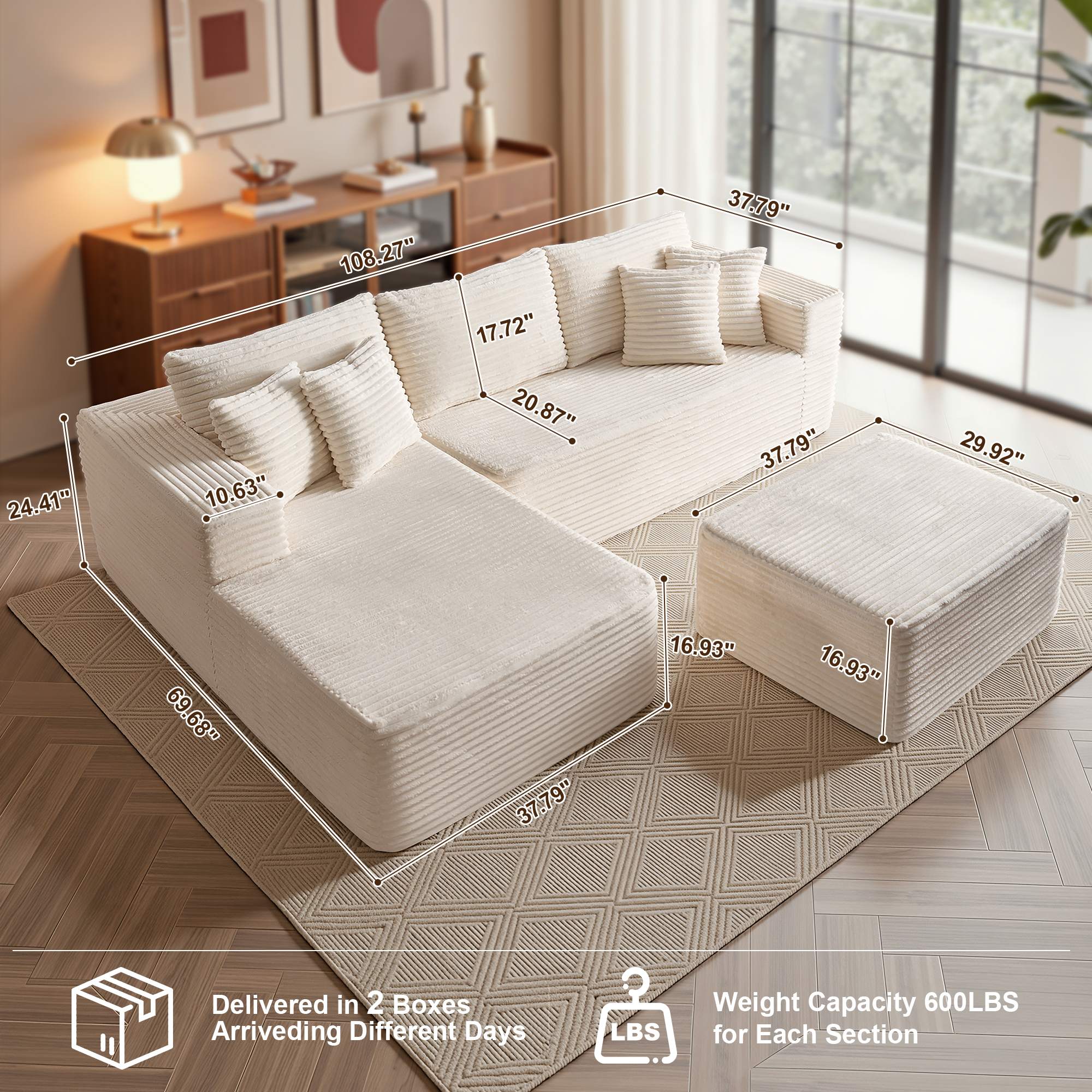 OVIOS 108" U-Shape Modular Couch with Ottoman, Plush Corduroy Fabric, No Assembly Required