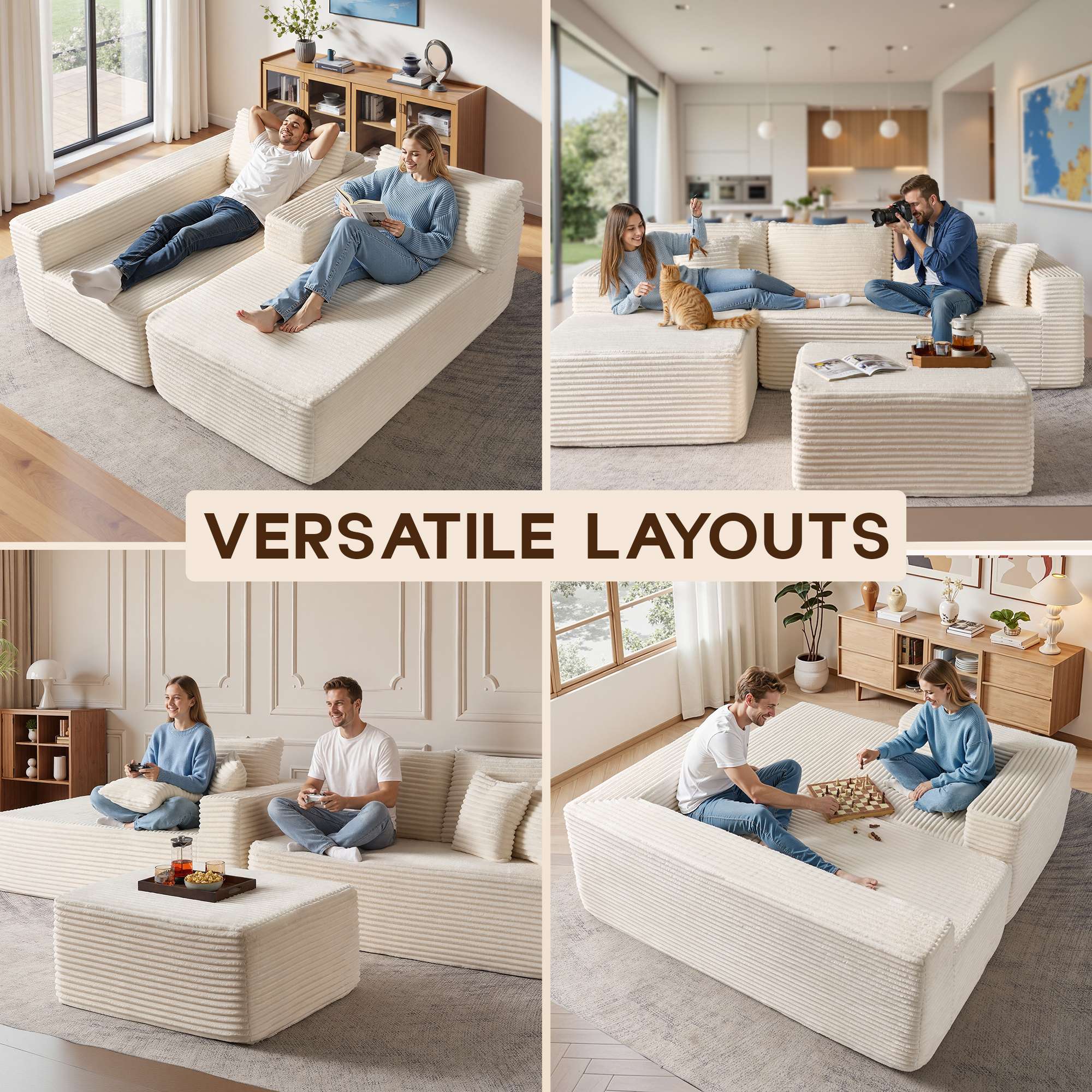 OVIOS 108" U-Shape Modular Couch with Ottoman, Plush Corduroy Fabric, No Assembly Required