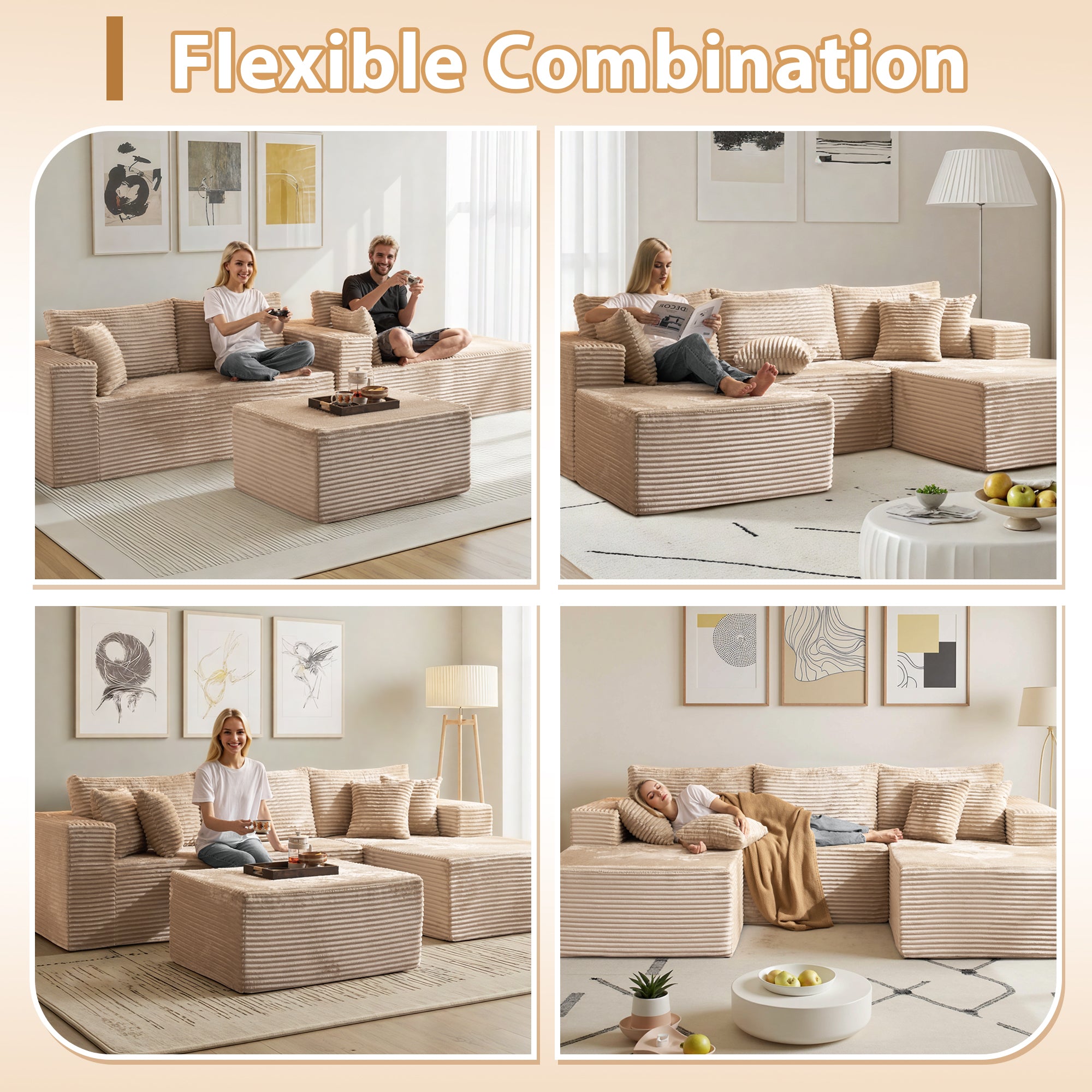 OVIOS 108" U-Shape Modular Couch with Ottoman, Plush Corduroy Fabric, No Assembly Required