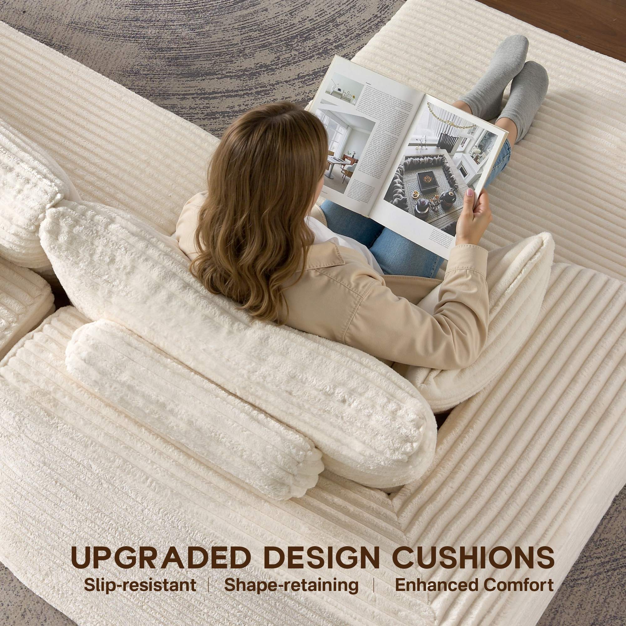 OVIOS 108" U-Shape Modular Couch with Ottoman, Plush Corduroy Fabric, No Assembly Required