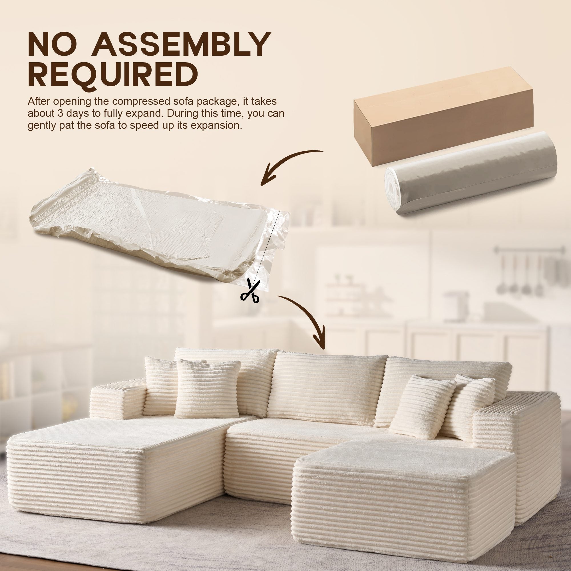 OVIOS 108" U-Shape Modular Couch with Ottoman, Plush Corduroy Fabric, No Assembly Required