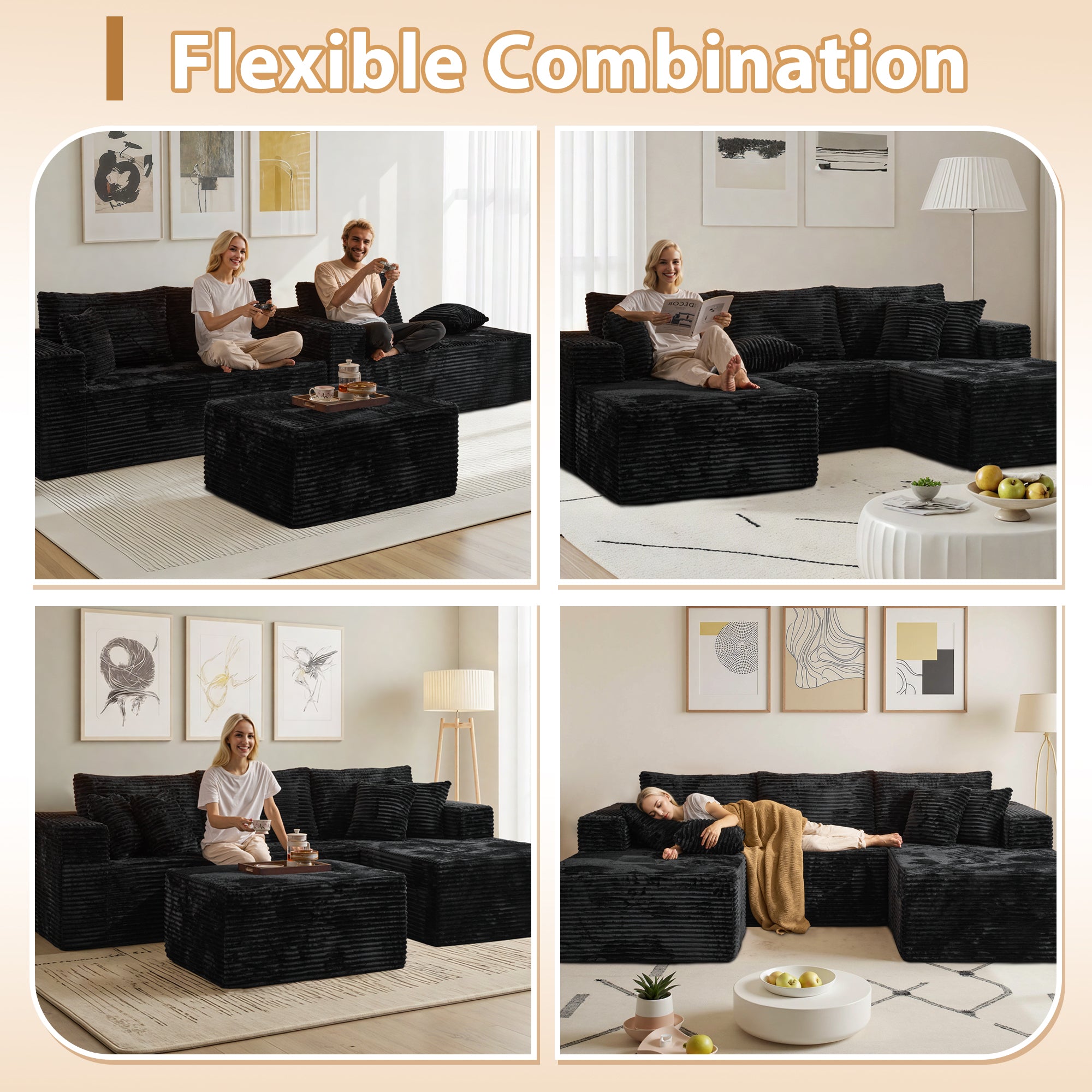 OVIOS 108" U-Shape Modular Couch with Ottoman, Plush Corduroy Fabric, No Assembly Required