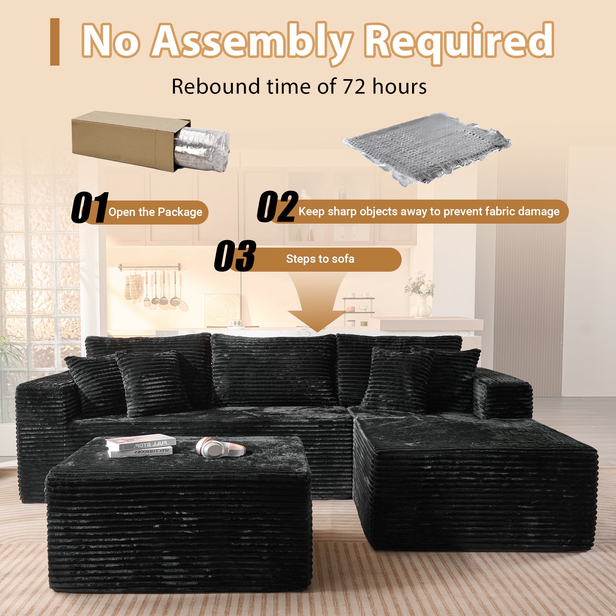 OVIOS 108" U-Shape Modular Couch with Ottoman, Plush Corduroy Fabric, No Assembly Required