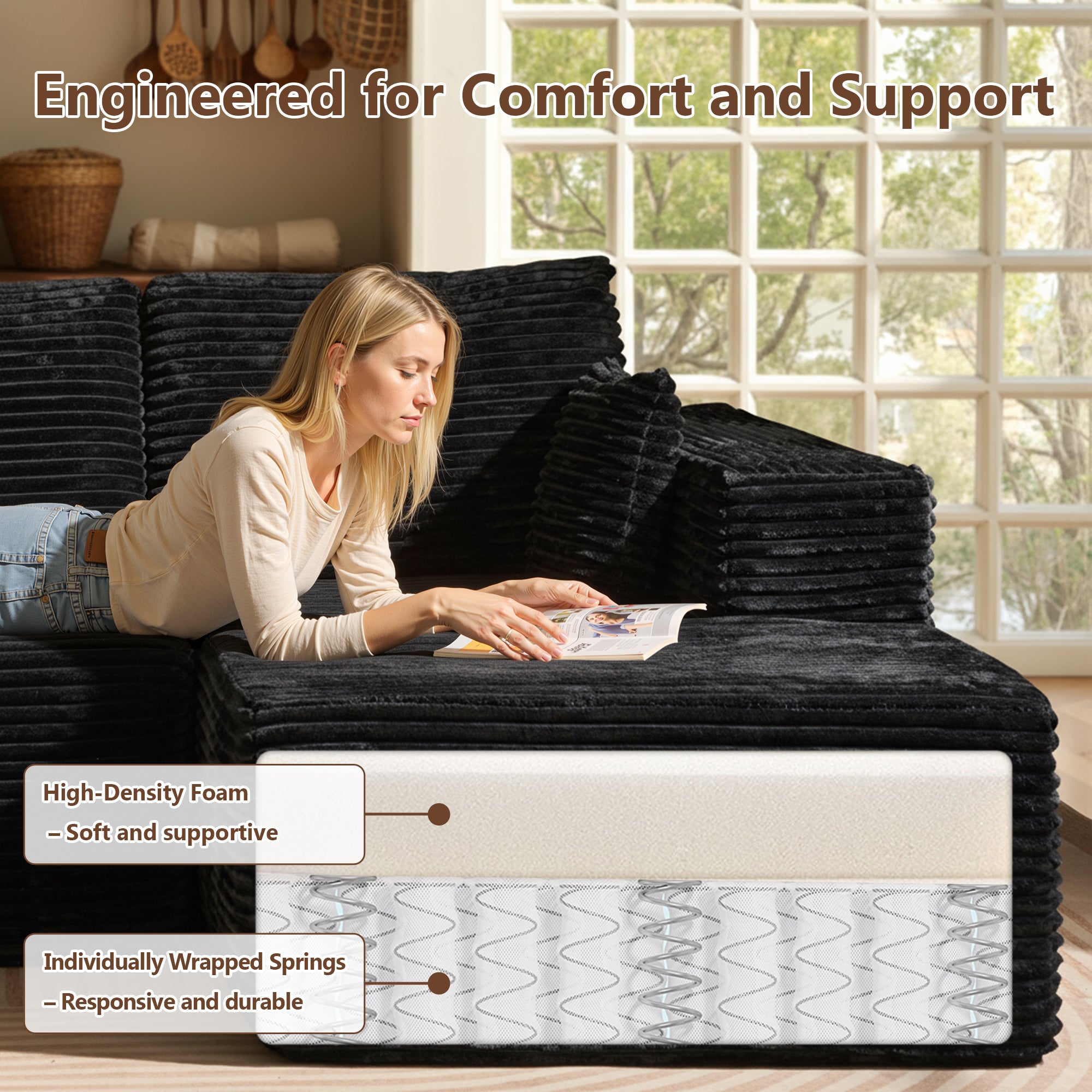 OVIOS U-Shaped Modular Sectional Sofa with Chaise, Plush Corduroy Fabric, No Assembly