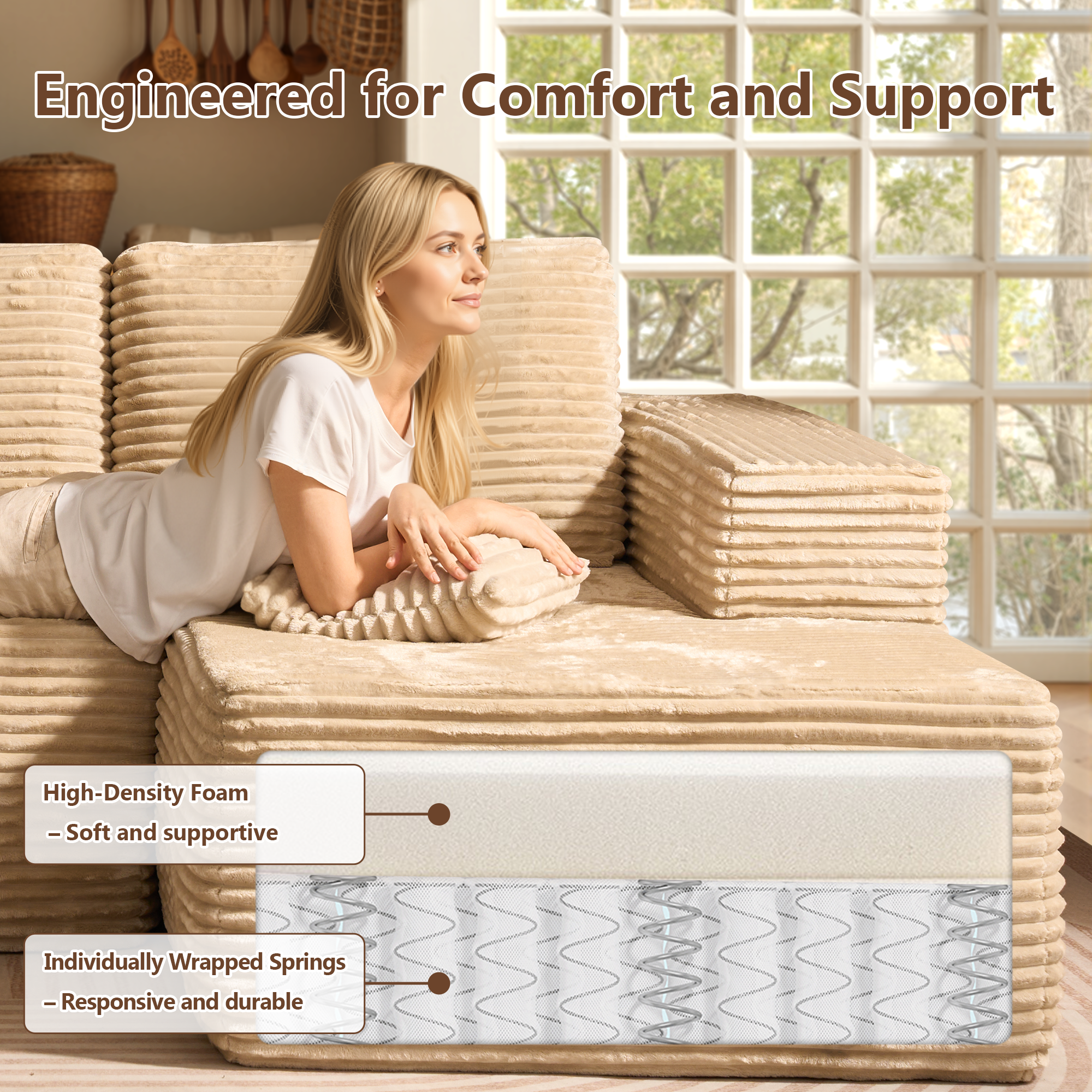 OVIOS U-Shaped Modular Sectional Sofa with Chaise, Plush Corduroy Fabric, No Assembly