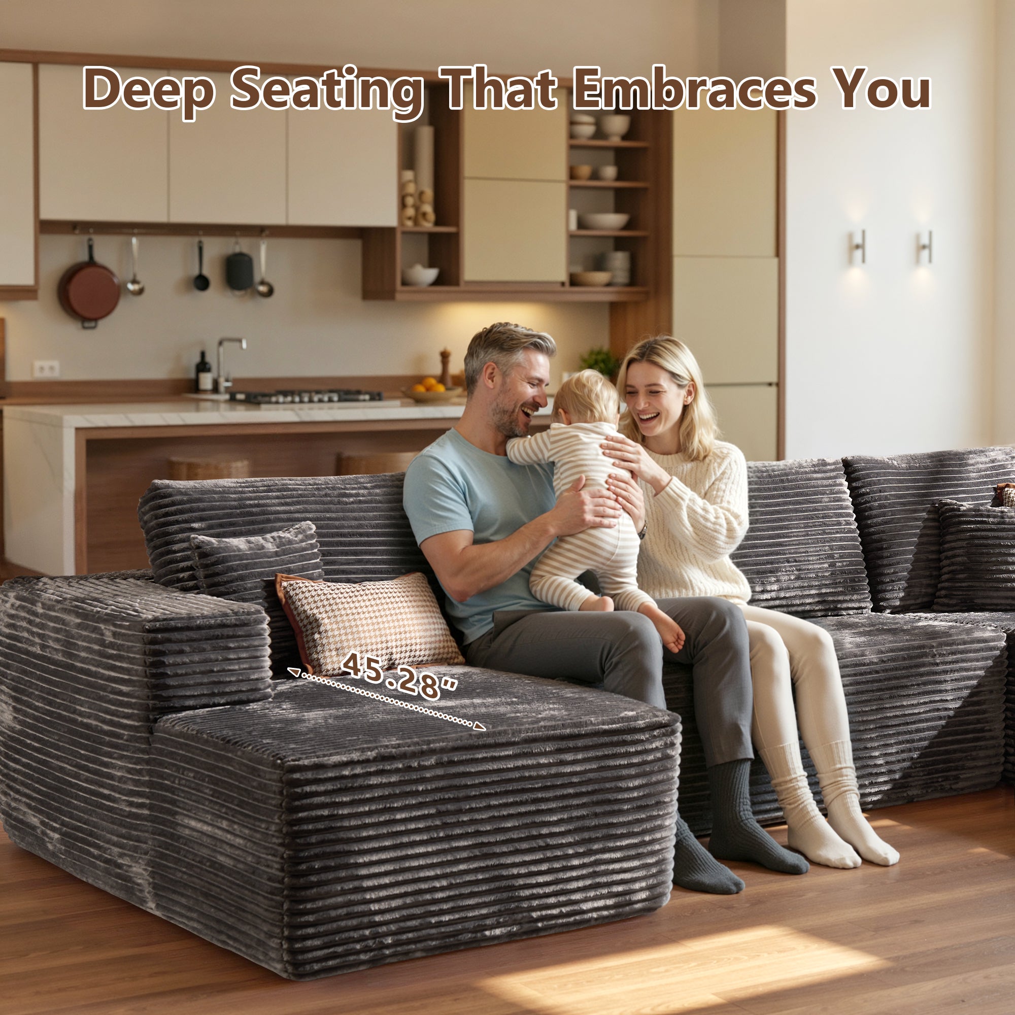 OVIOS U-Shaped Modular Sectional Sofa with Chaise, Plush Corduroy Fabric, No Assembly