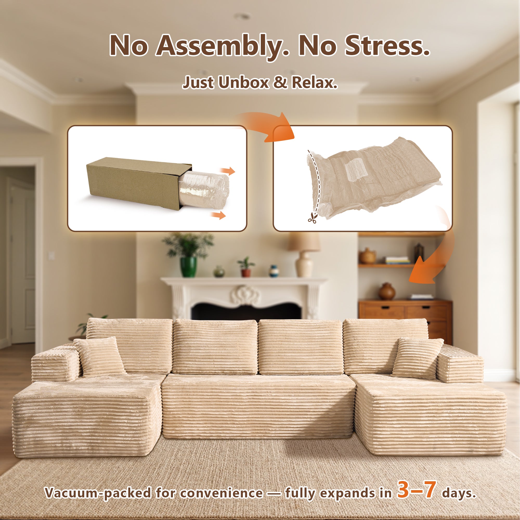 OVIOS U-Shaped Modular Sectional Sofa with Chaise, Plush Corduroy Fabric, No Assembly