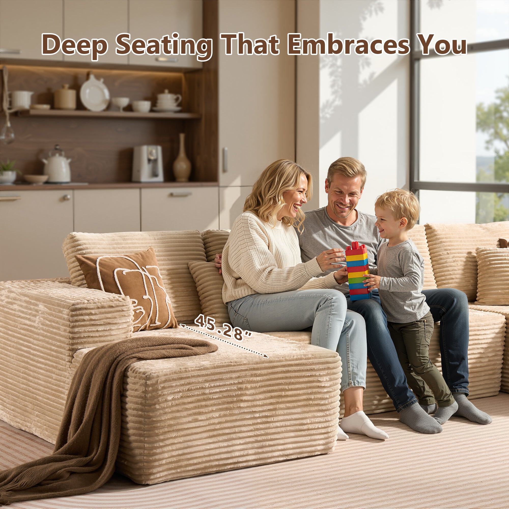 OVIOS U-Shaped Modular Sectional Sofa with Chaise, Plush Corduroy Fabric, No Assembly