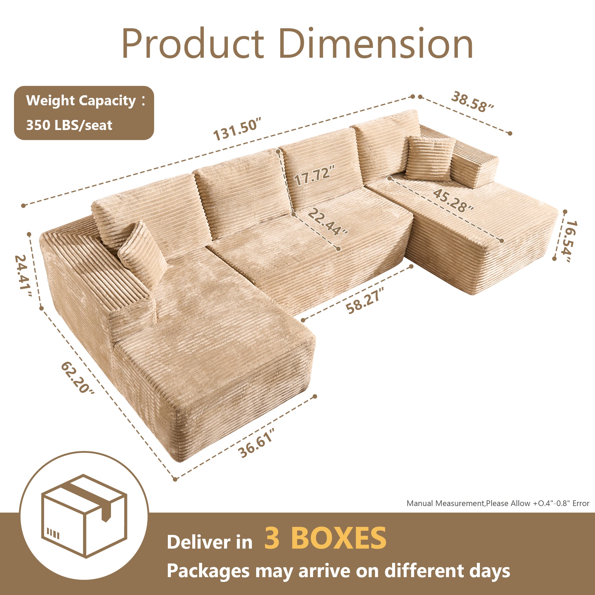 OVIOS U-Shaped Modular Sectional Sofa with Chaise, Plush Corduroy Fabric, No Assembly