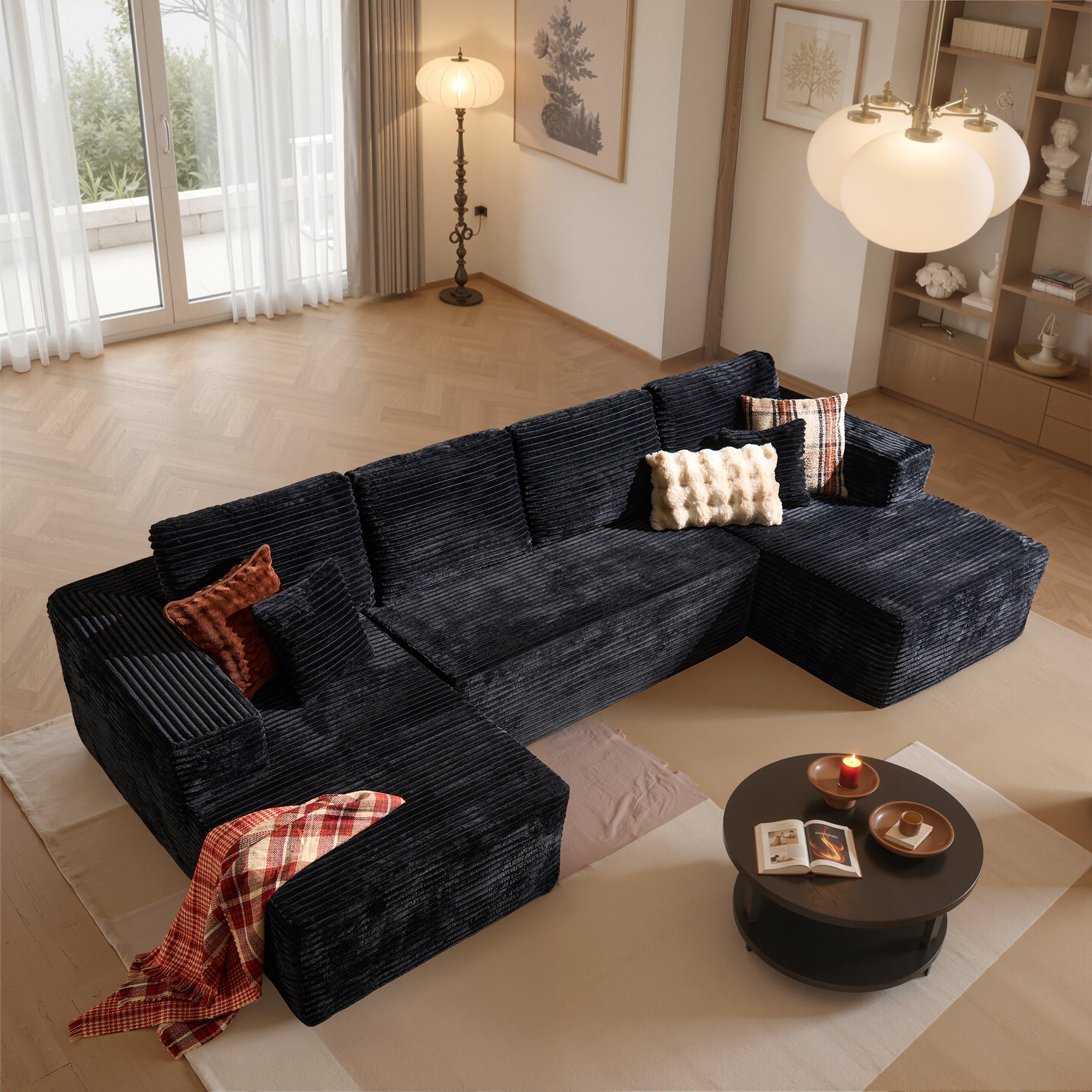 OVIOS U-Shaped Modular Sectional Sofa with Chaise, Plush Corduroy Fabric, No Assembly