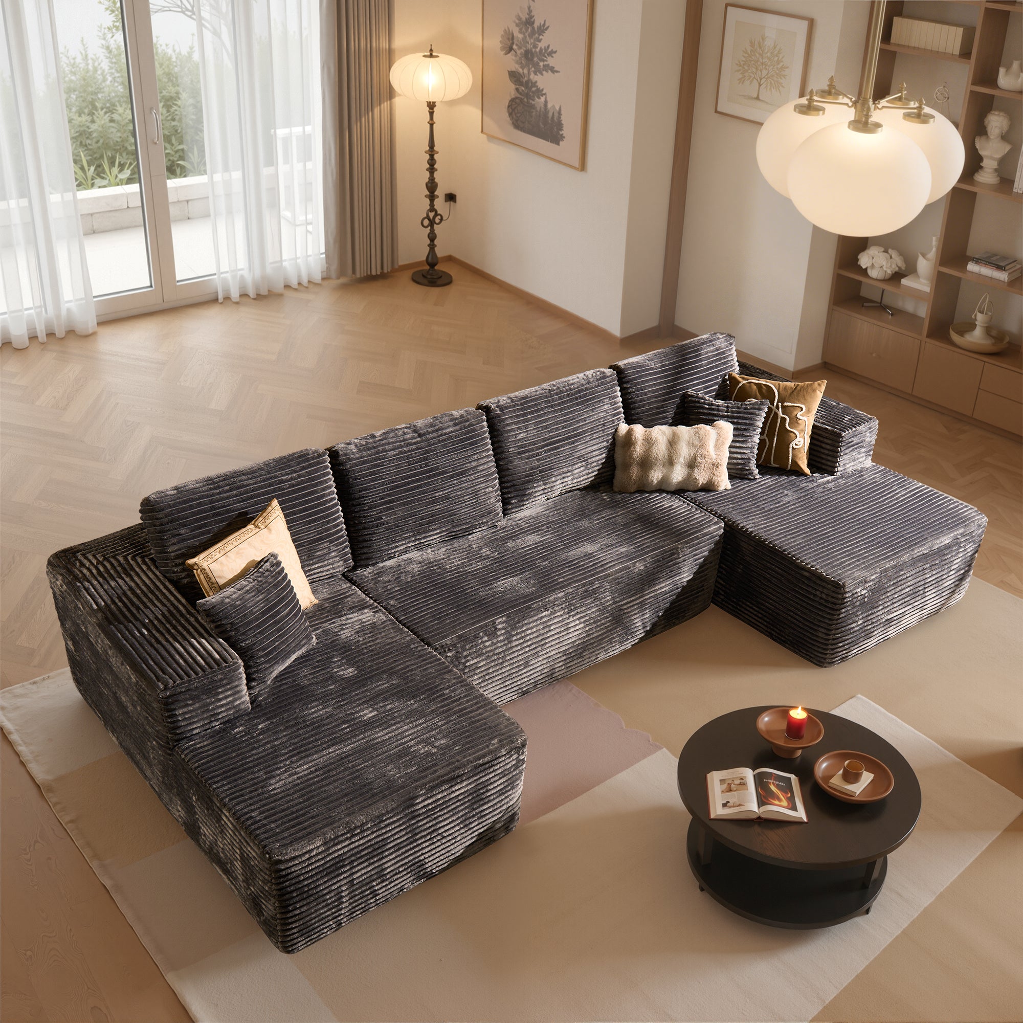 OVIOS U-Shaped Modular Sectional Sofa with Chaise, Plush Corduroy Fabric, No Assembly
