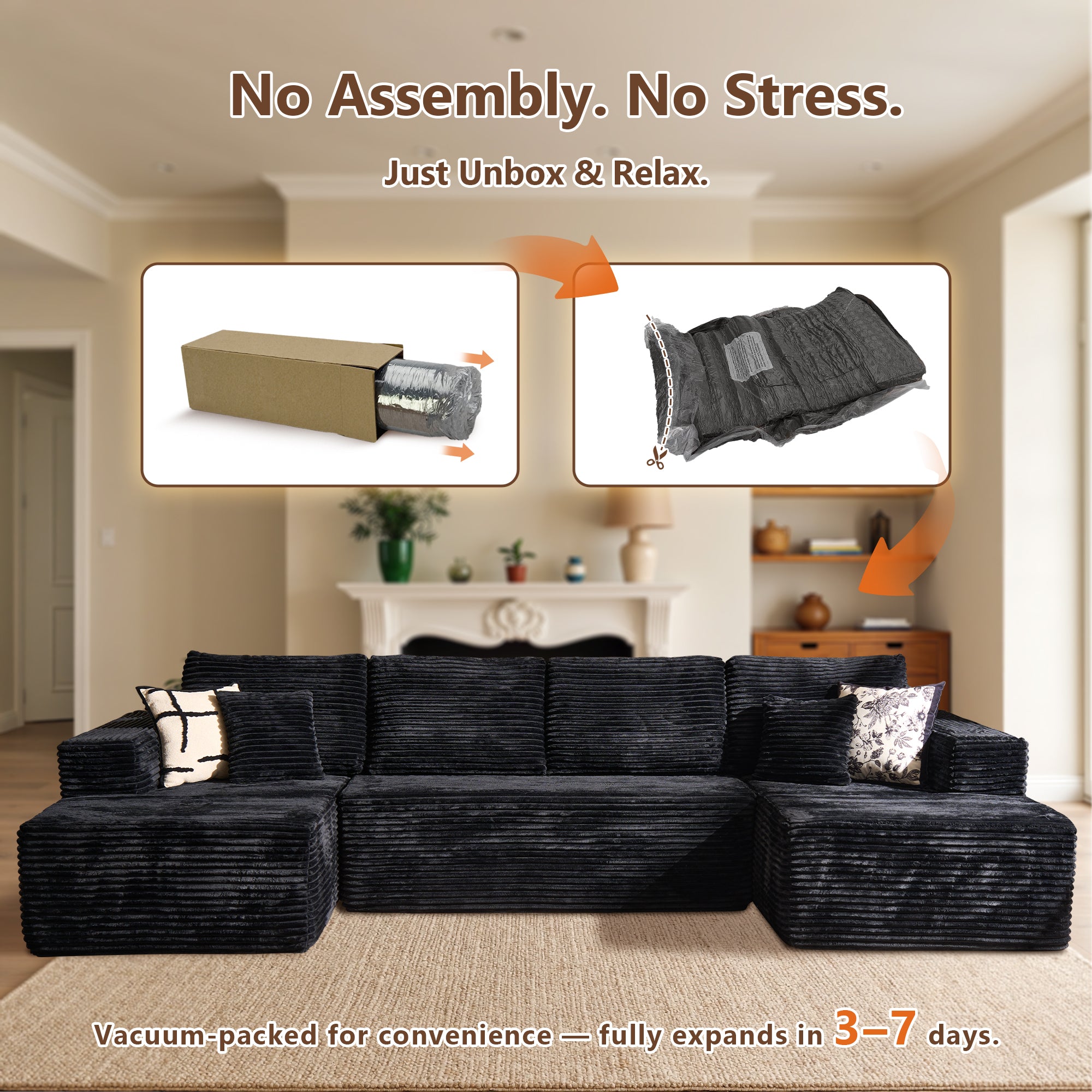 OVIOS U-Shaped Modular Sectional Sofa with Chaise, Plush Corduroy Fabric, No Assembly