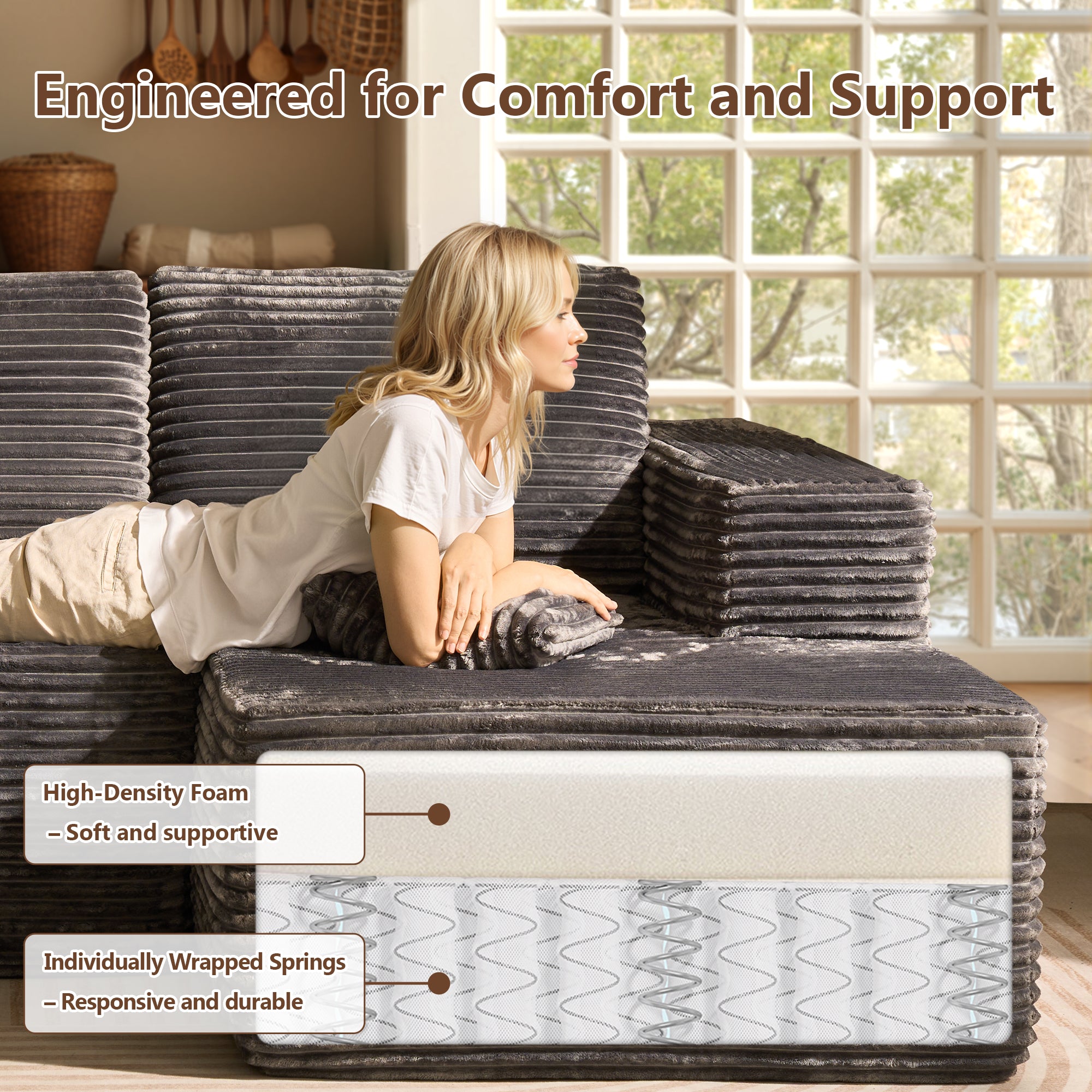 OVIOS U-Shaped Modular Sectional Sofa with Chaise, Plush Corduroy Fabric, No Assembly