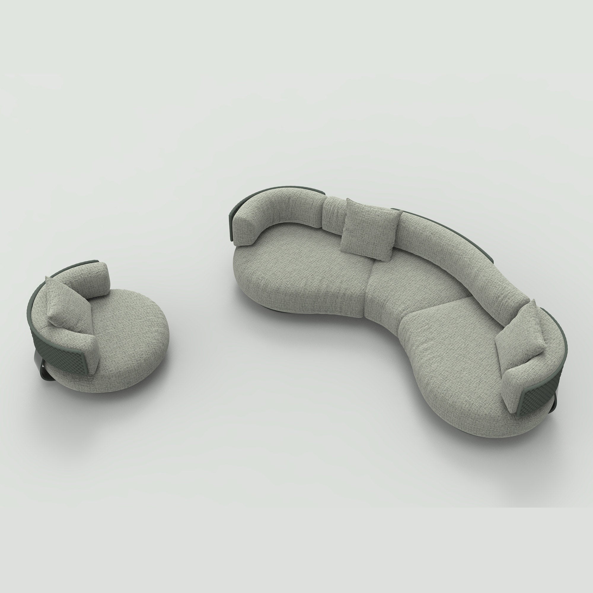 OVIOS Eros's Embrace modern curved sectional sofa, grey textured fabric, modular piece.