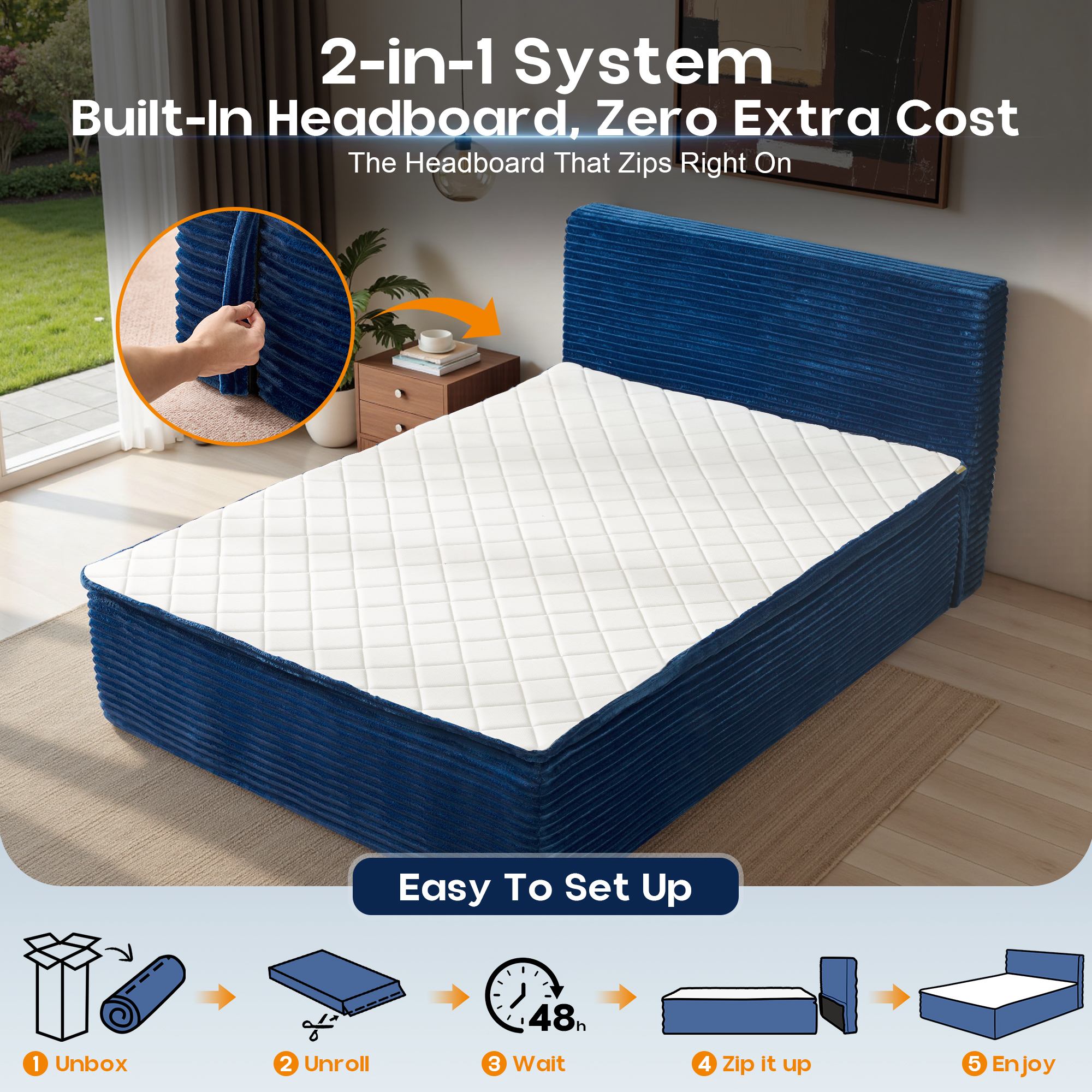 OVIOS Upholstered Bed, No Assembly & Space-Saving for Small Spaces