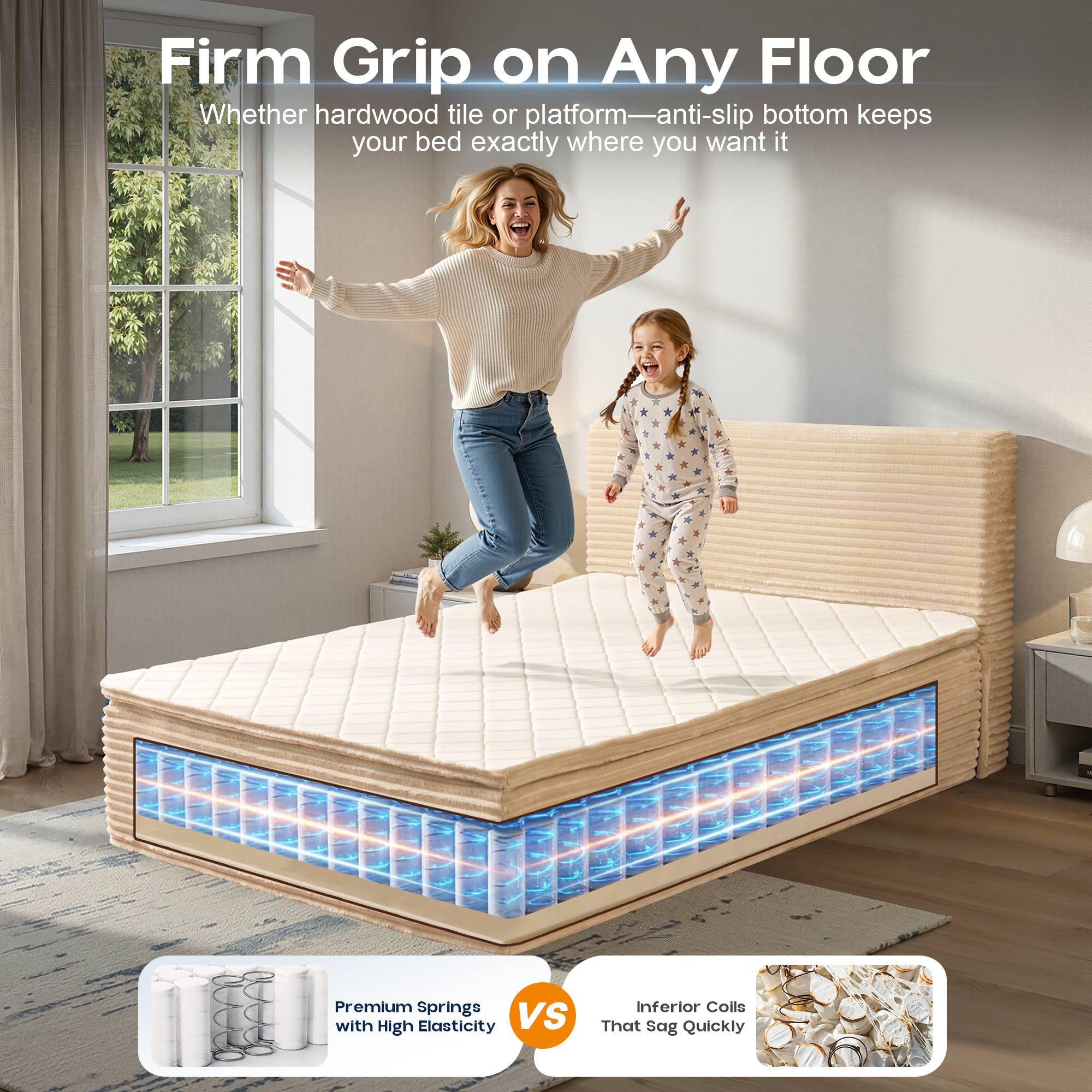 OVIOS Upholstered Bed, No Assembly & Space-Saving for Small Spaces