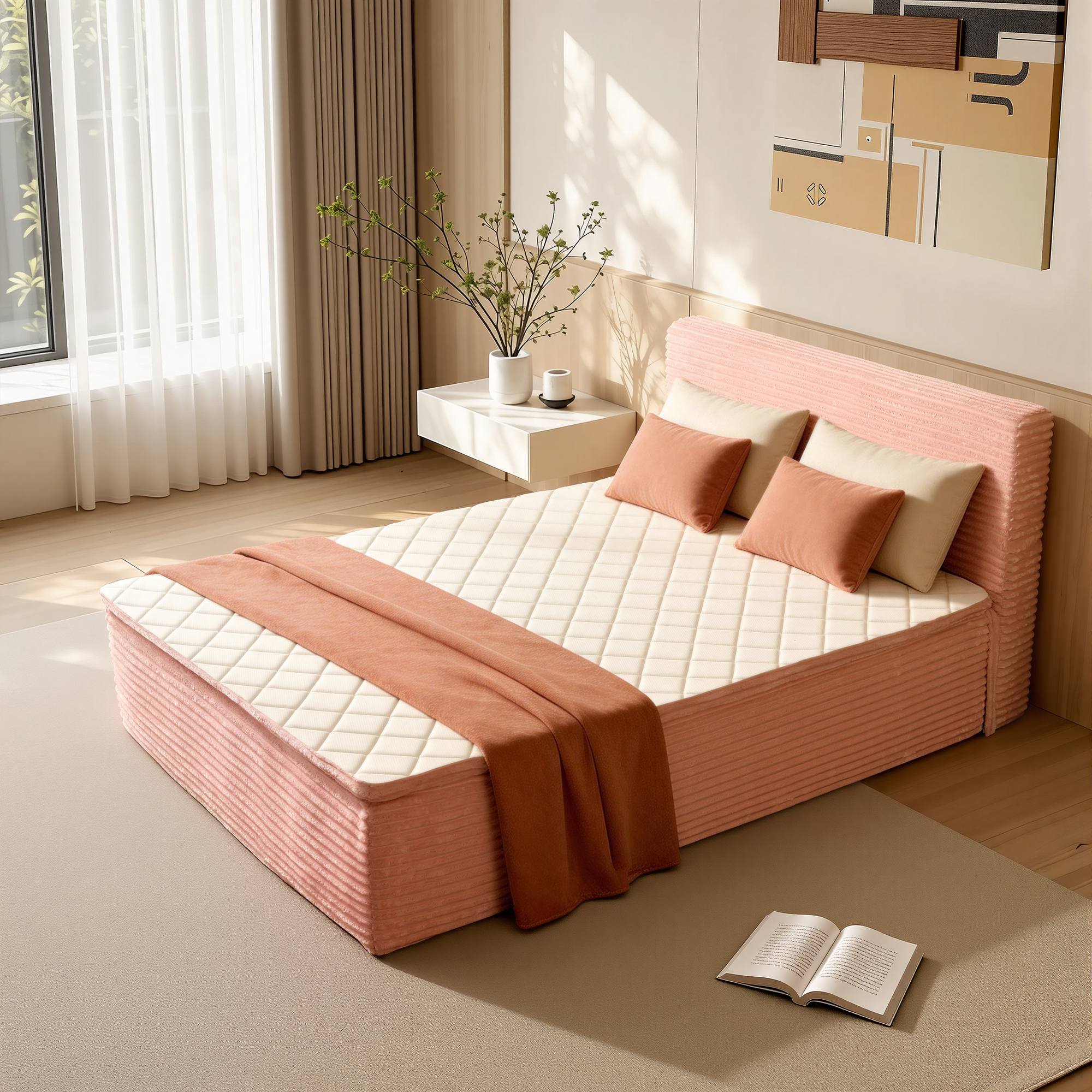 OVIOS Upholstered Bed, No Assembly & Space-Saving for Small Spaces