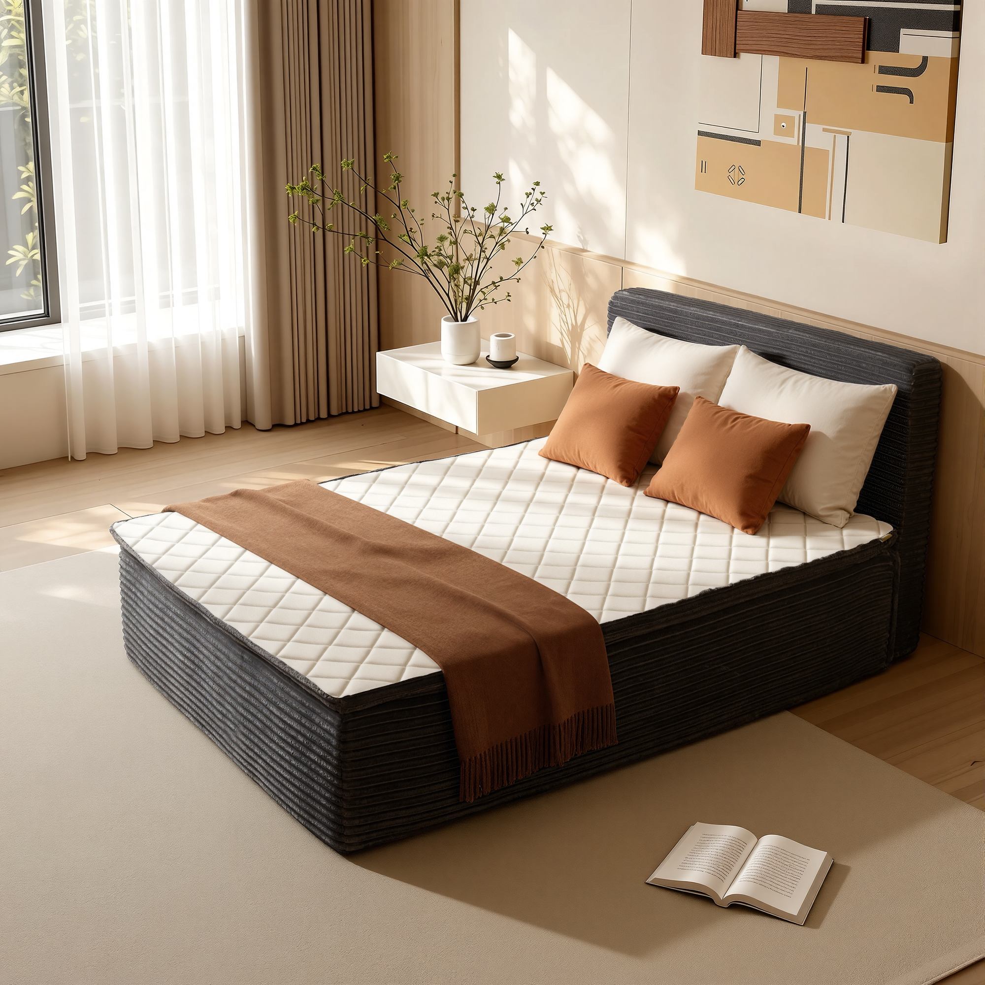 OVIOS Upholstered Bed, No Assembly & Space-Saving for Small Spaces