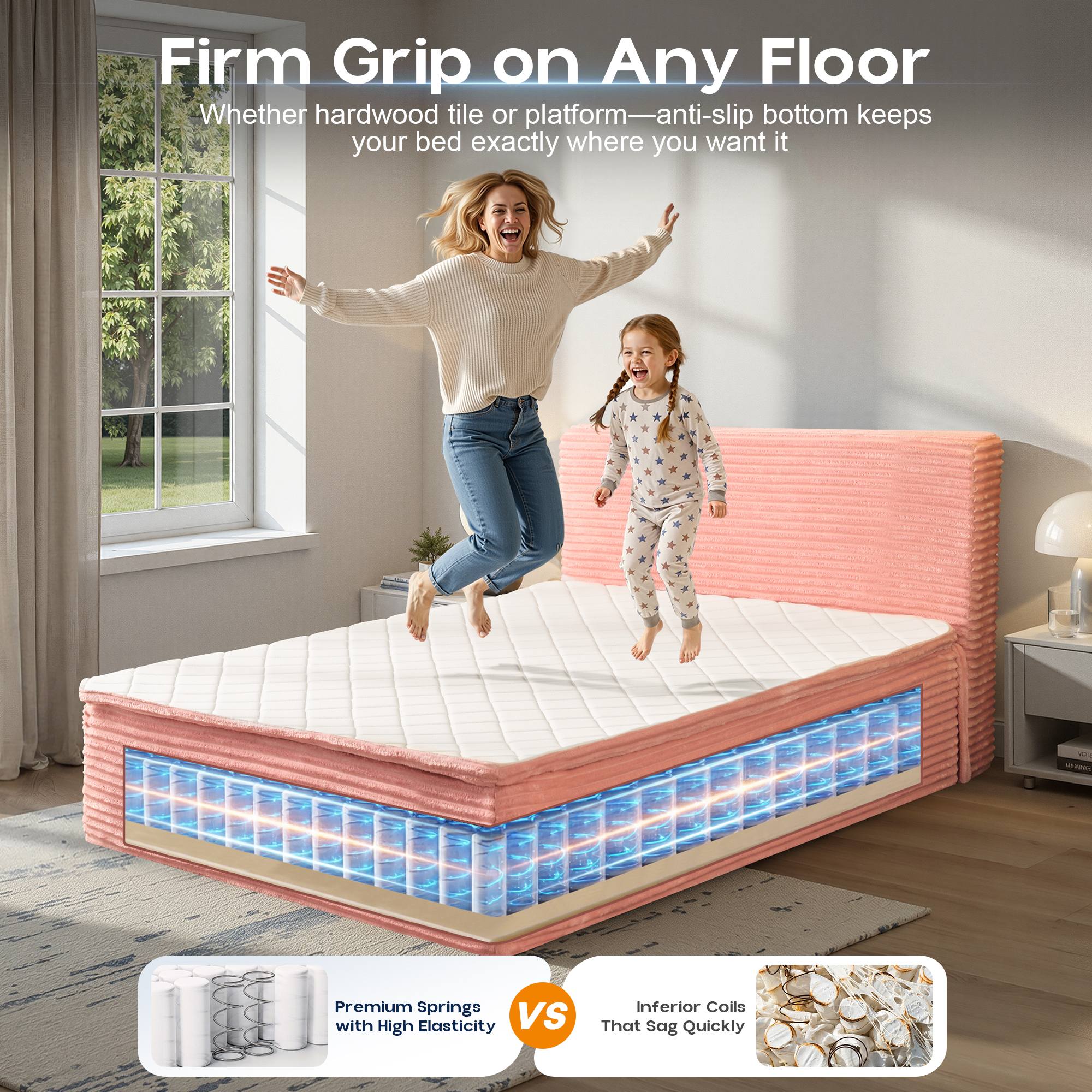 OVIOS Upholstered Bed, No Assembly & Space-Saving for Small Spaces