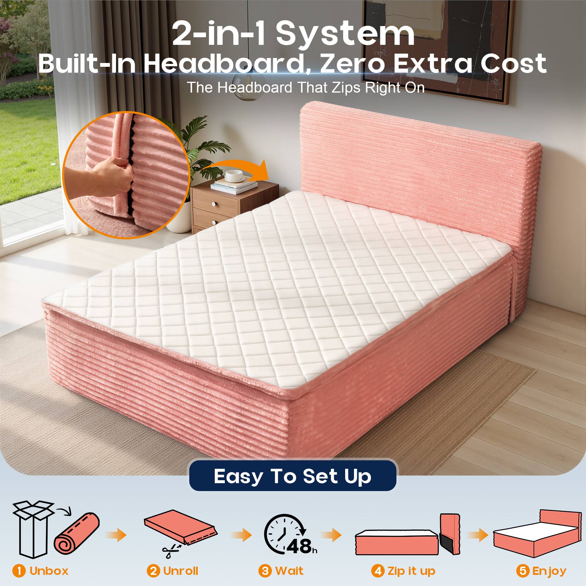 OVIOS Upholstered Bed, No Assembly & Space-Saving for Small Spaces