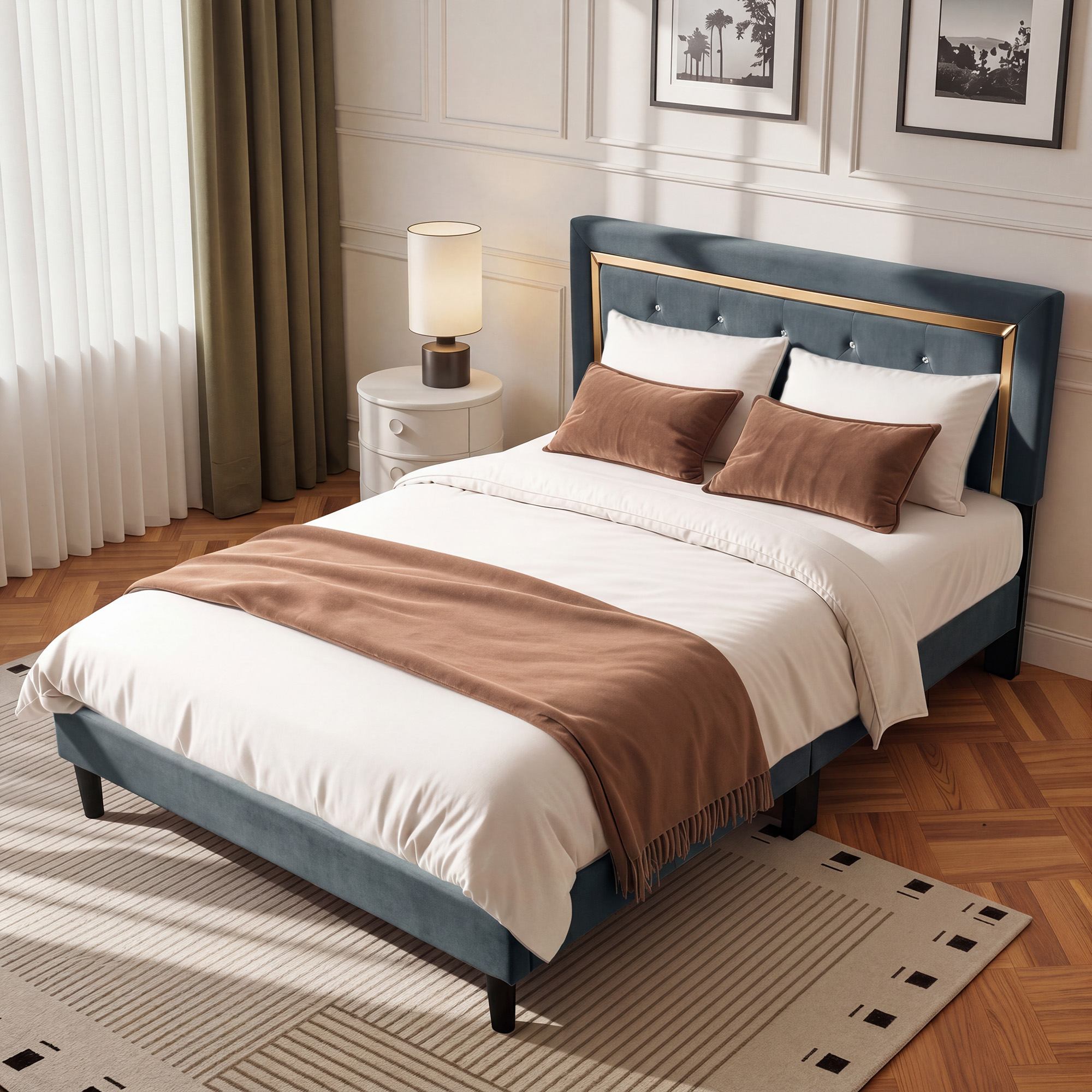 OVIOS Modern Upholstered Platform Bed Frame with Headboard No Box Spring Needed Easy Assembly Noise Free